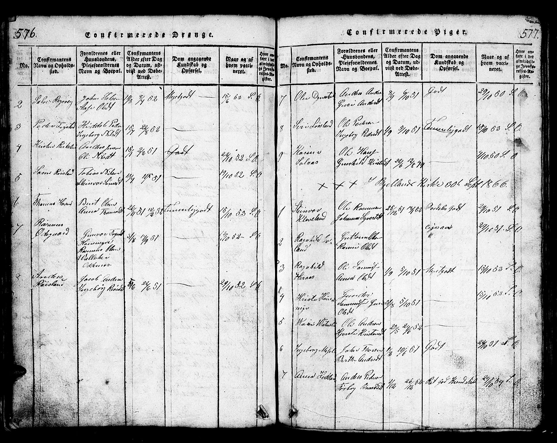 Bjelland sokneprestkontor, AV/SAK-1111-0005/F/Fb/Fbb/L0003: Parish register (copy) no. B 3, 1816-1868, p. 576-577