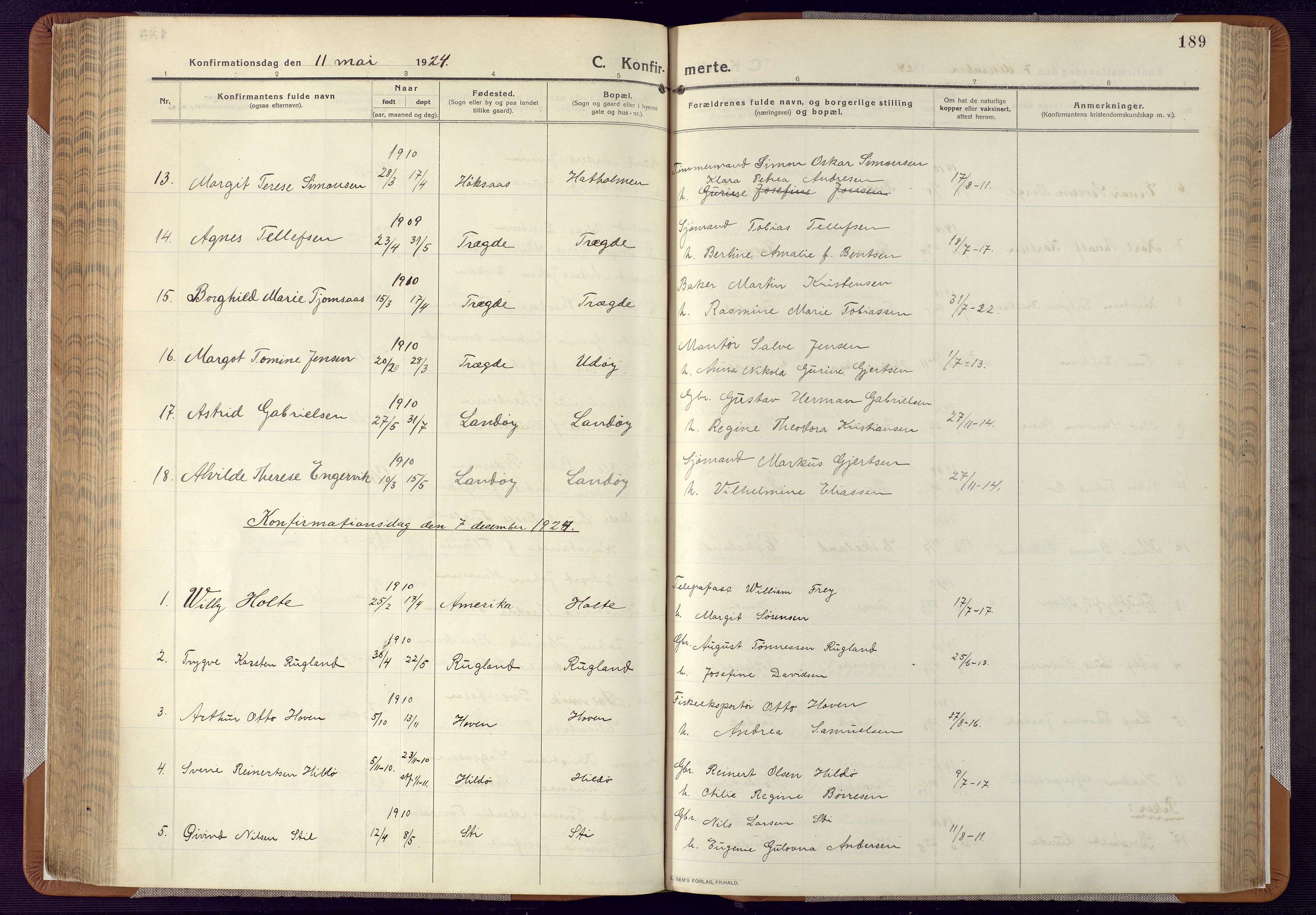 Mandal sokneprestkontor, AV/SAK-1111-0030/F/Fa/Faa/L0022: Parish register (official) no. A 22, 1913-1925, p. 189