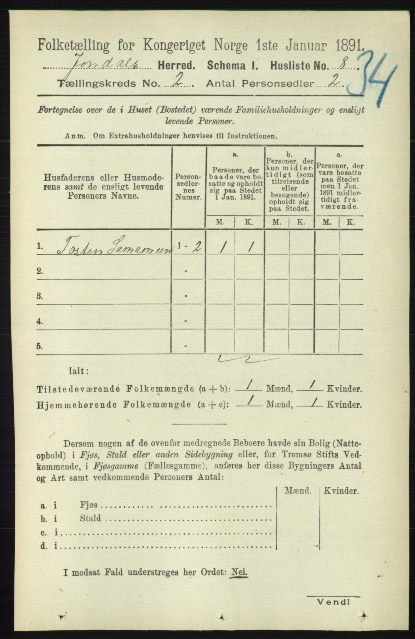 RA, 1891 census for 1227 Jondal, 1891, p. 784