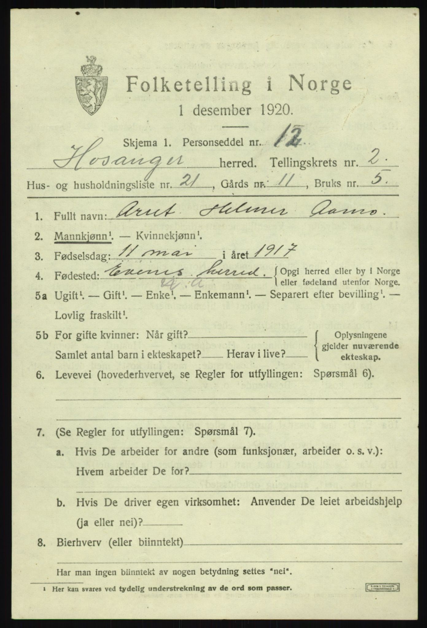 SAB, 1920 census for Hosanger, 1920, p. 1461