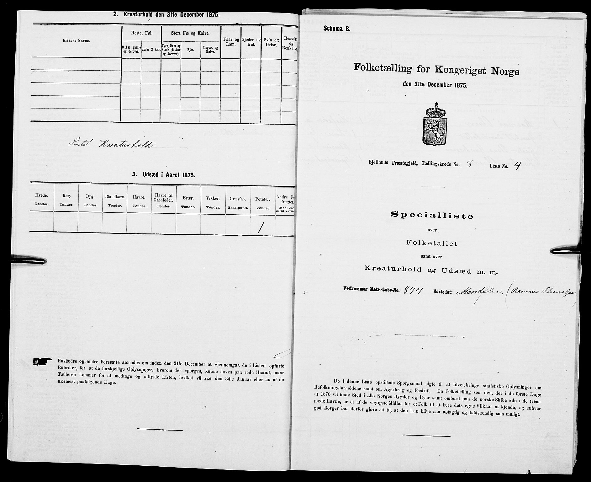 SAK, 1875 census for 1024P Bjelland, 1875, p. 898