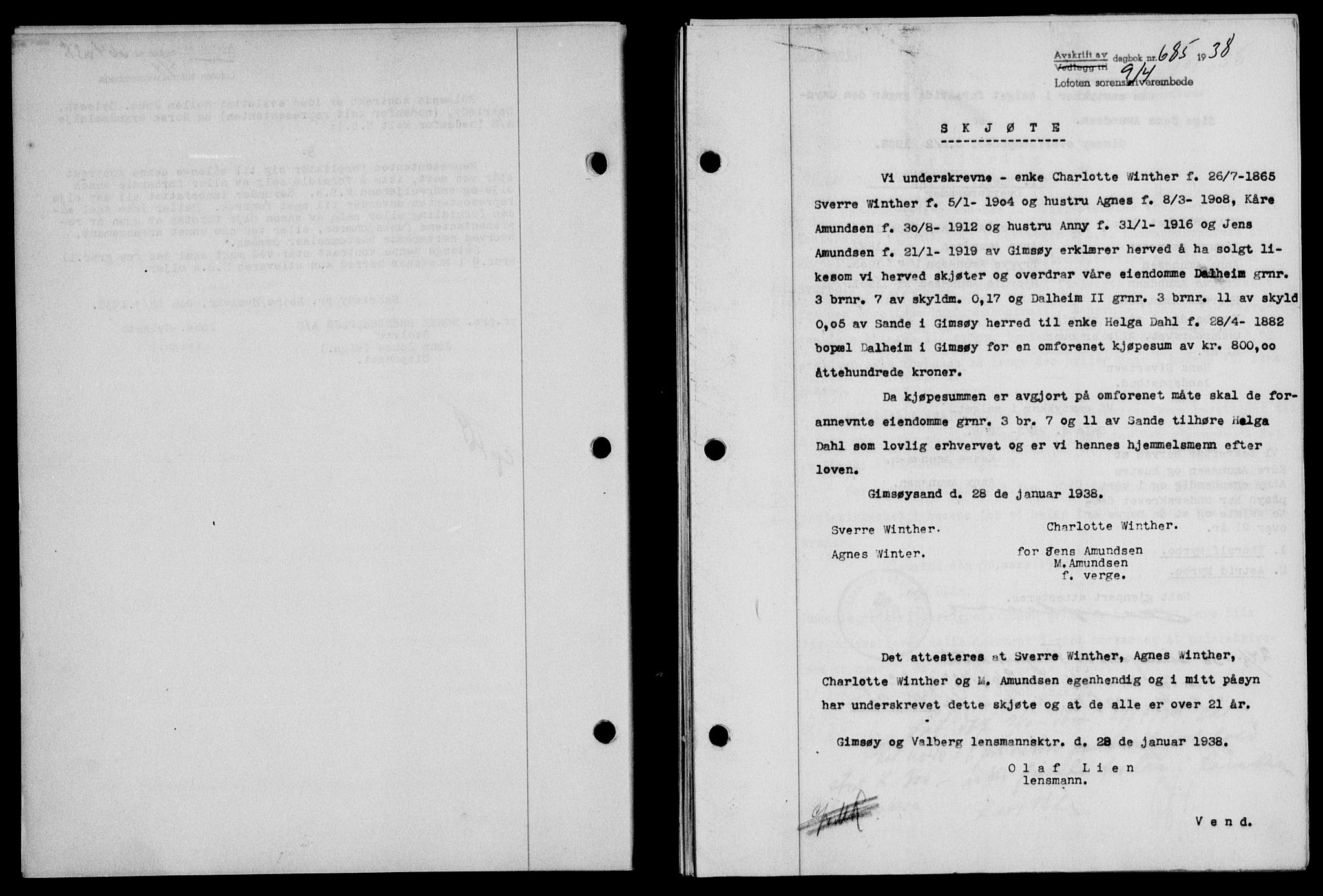 Lofoten sorenskriveri, SAT/A-0017/1/2/2C/L0004a: Mortgage book no. 4a, 1938-1938, Diary no: : 685/1938