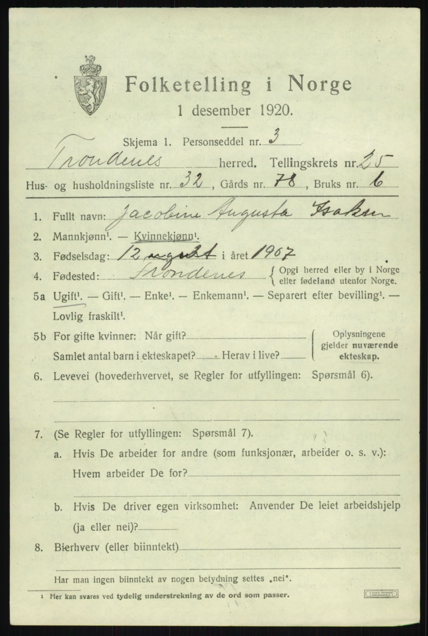 SATØ, 1920 census for Trondenes, 1920, p. 18830