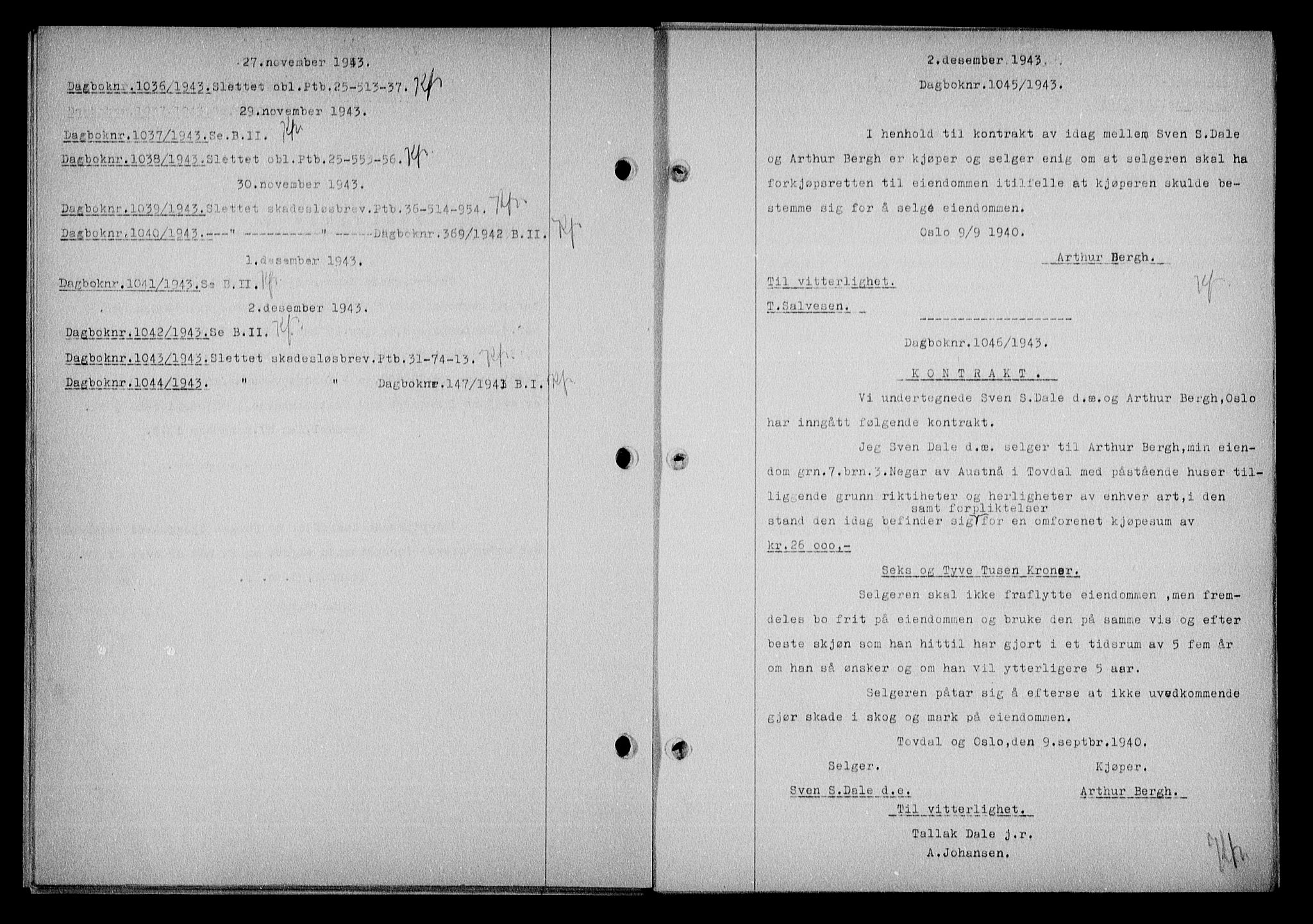 Nedenes sorenskriveri, SAK/1221-0006/G/Gb/Gba/L0051: Mortgage book no. A-V, 1943-1944, Diary no: : 1045/1943