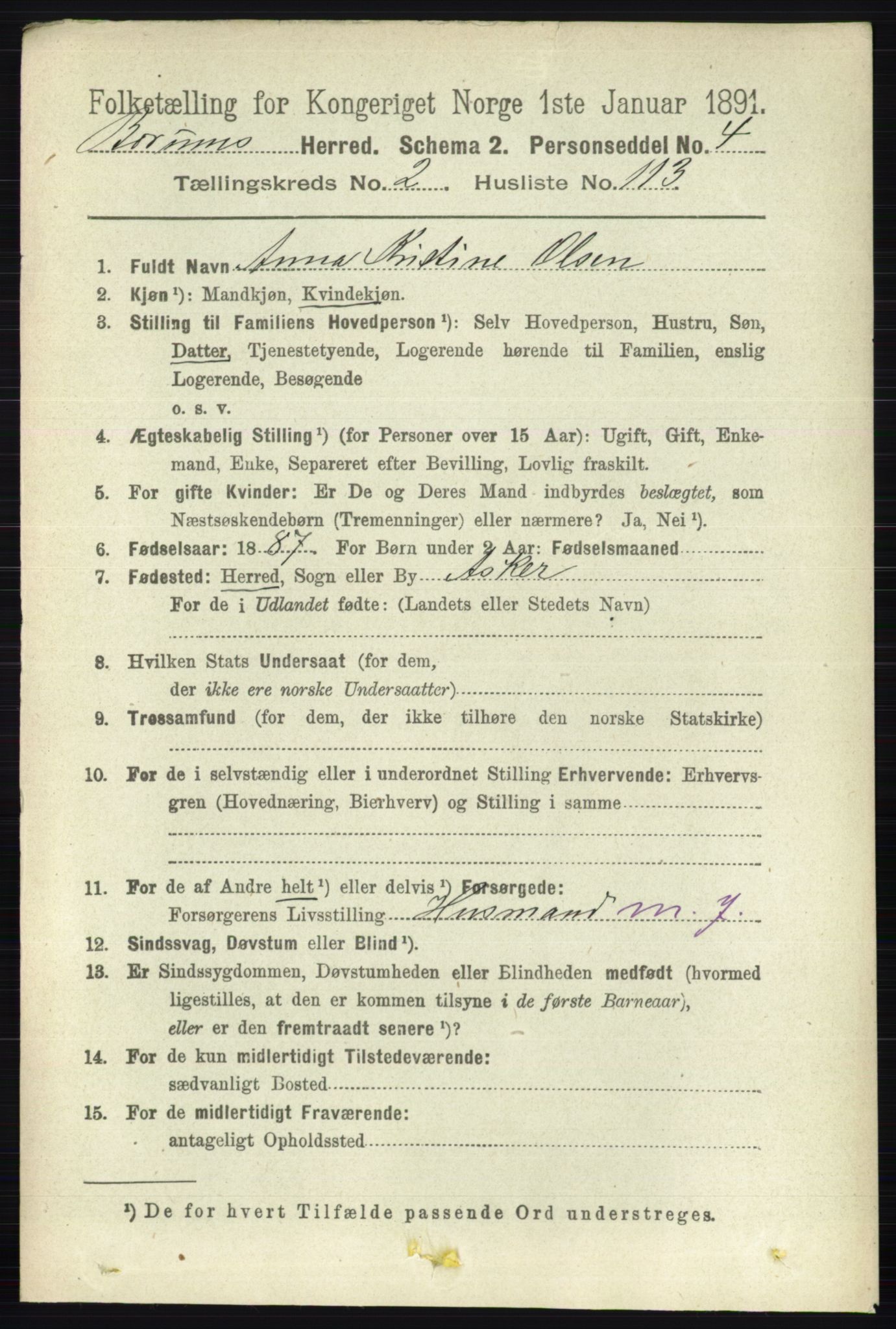 RA, 1891 census for 0219 Bærum, 1891, p. 1899