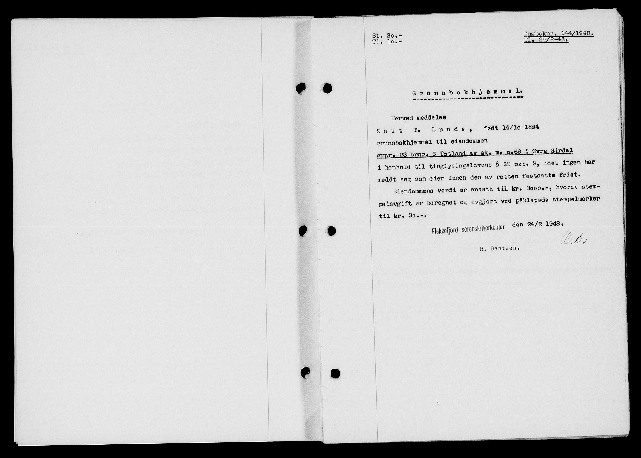 Flekkefjord sorenskriveri, SAK/1221-0001/G/Gb/Gba/L0063: Mortgage book no. A-11, 1947-1948, Diary no: : 144/1948