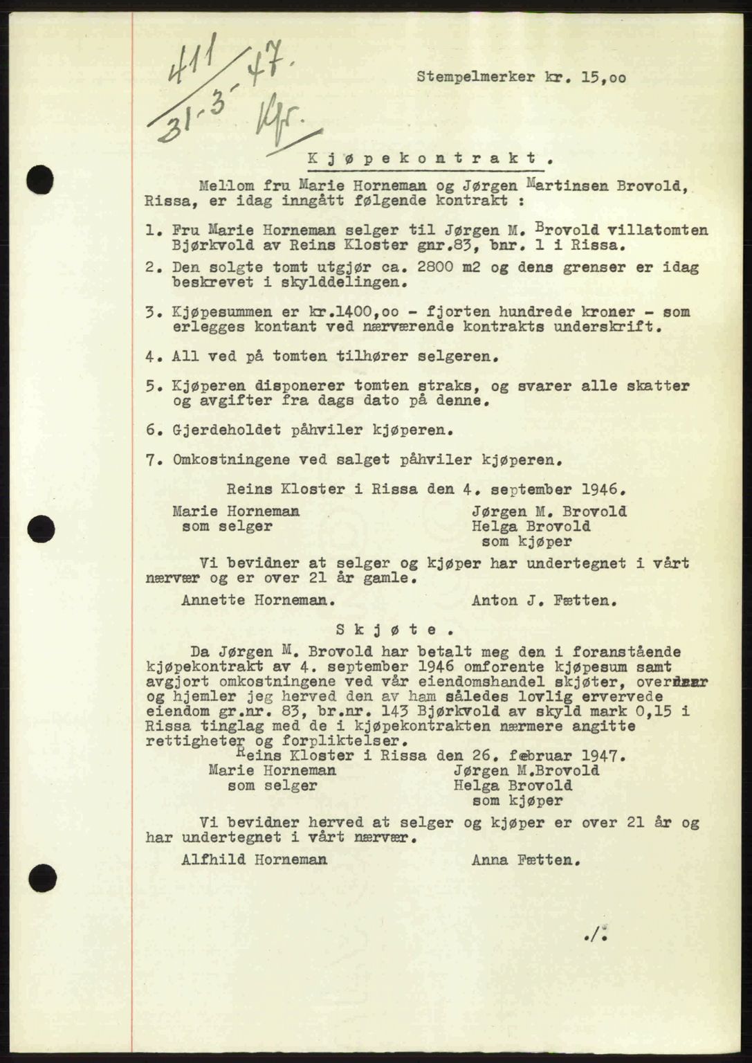 Fosen sorenskriveri, AV/SAT-A-1107/1/2/2C: Mortgage book no. A4-6, 1946-1947, Diary no: : 411/1947