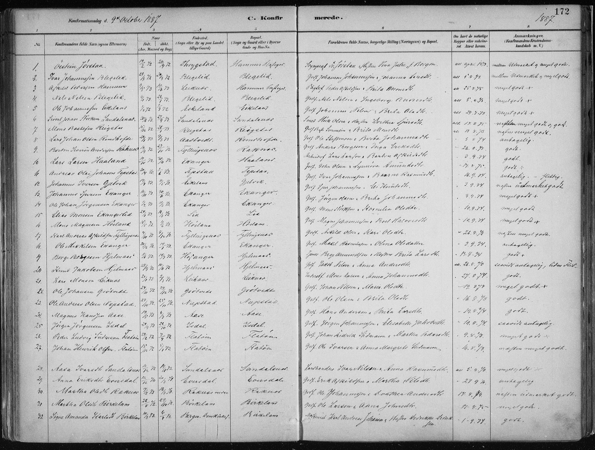 Hamre sokneprestembete, SAB/A-75501/H/Ha/Haa/Haab/L0001: Parish register (official) no. B  1, 1882-1905, p. 172