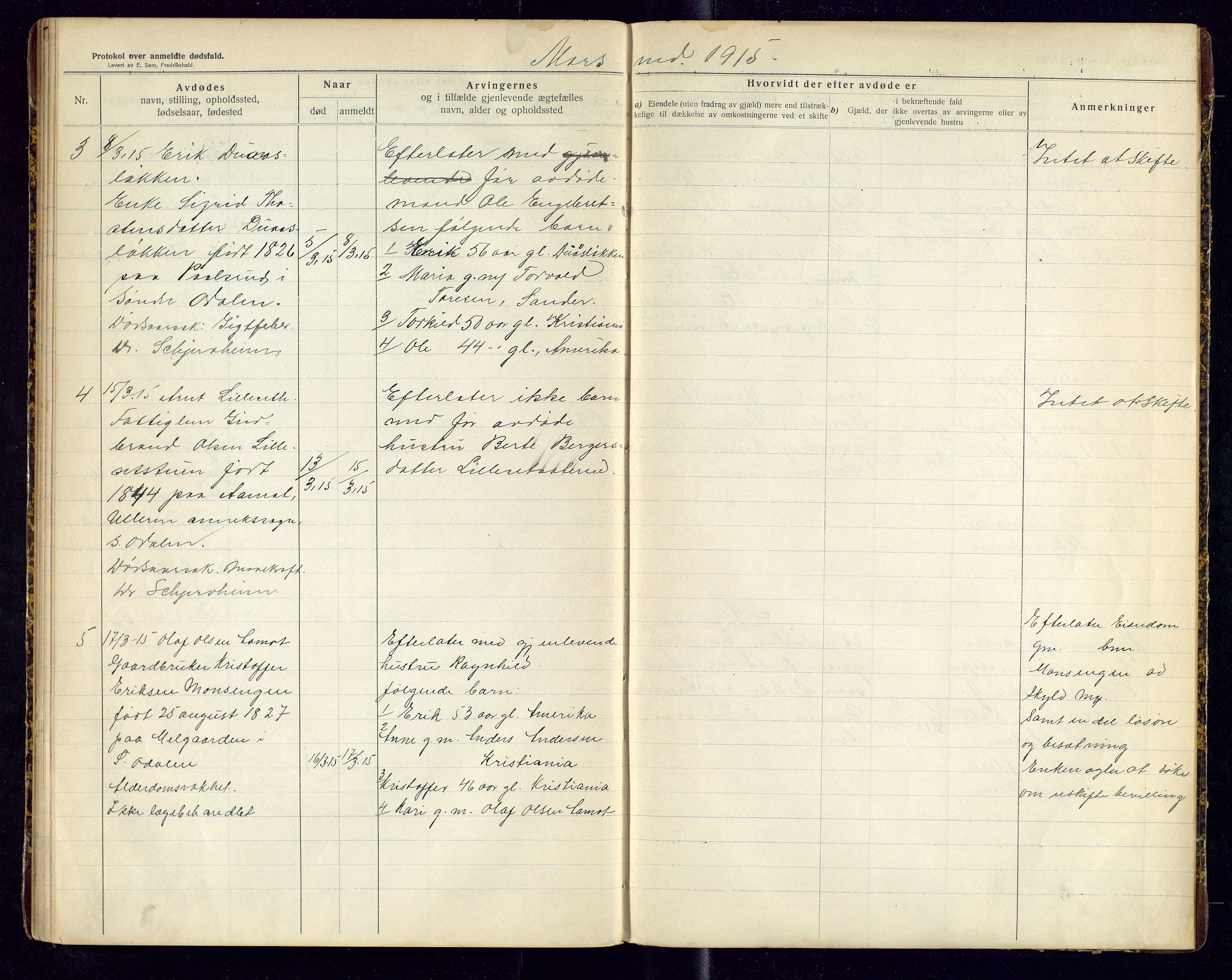 Sør-Odal lensmannskontor, AV/SAH-LHS-022/H/Hb/L0002/0001: Protokoller over anmeldte dødsfall / Protokoll over anmeldte dødsfall, 1913-1915