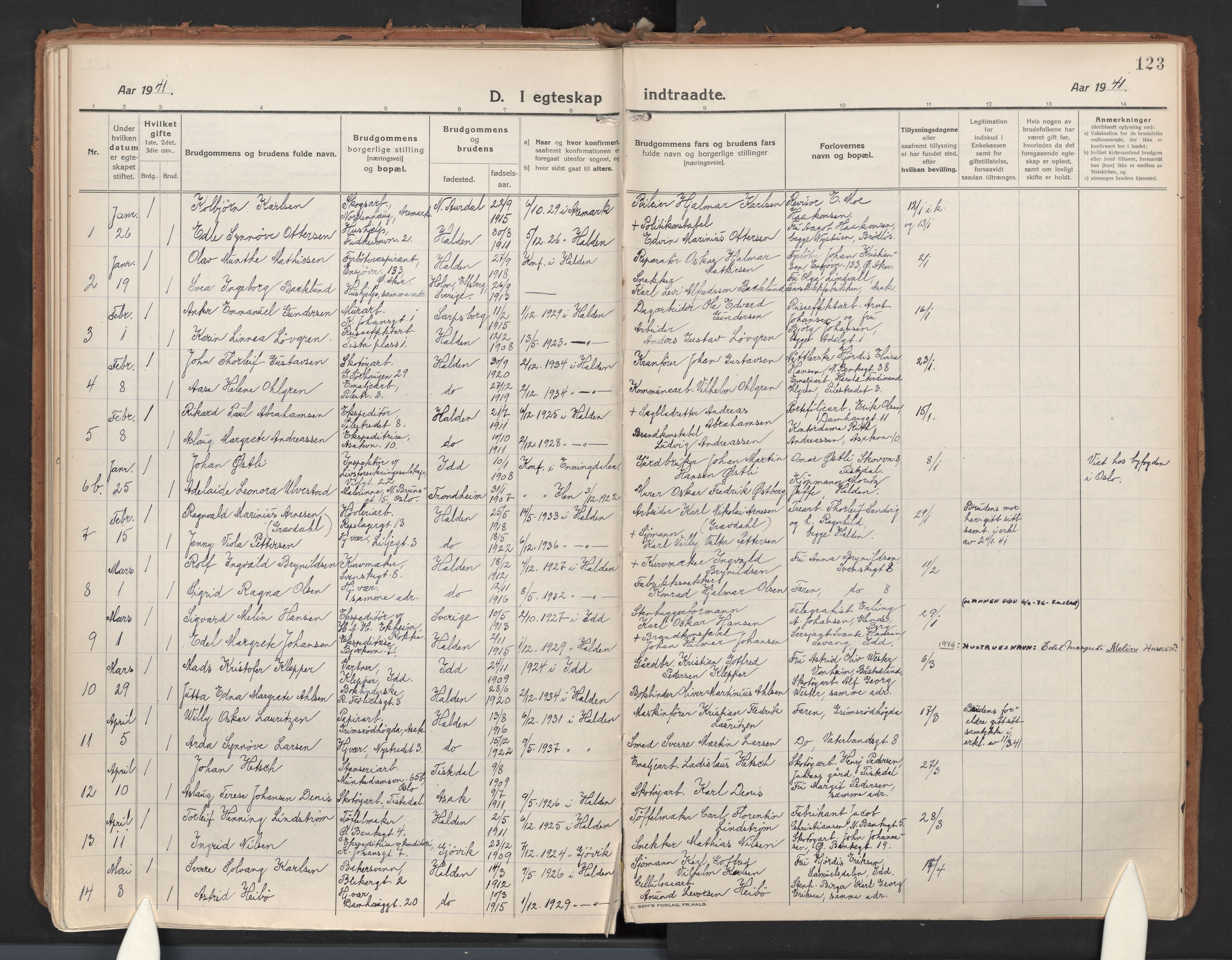 Halden prestekontor Kirkebøker, SAO/A-10909/F/Fa/L0017: Parish register (official) no. I 17, 1921-1945, p. 123