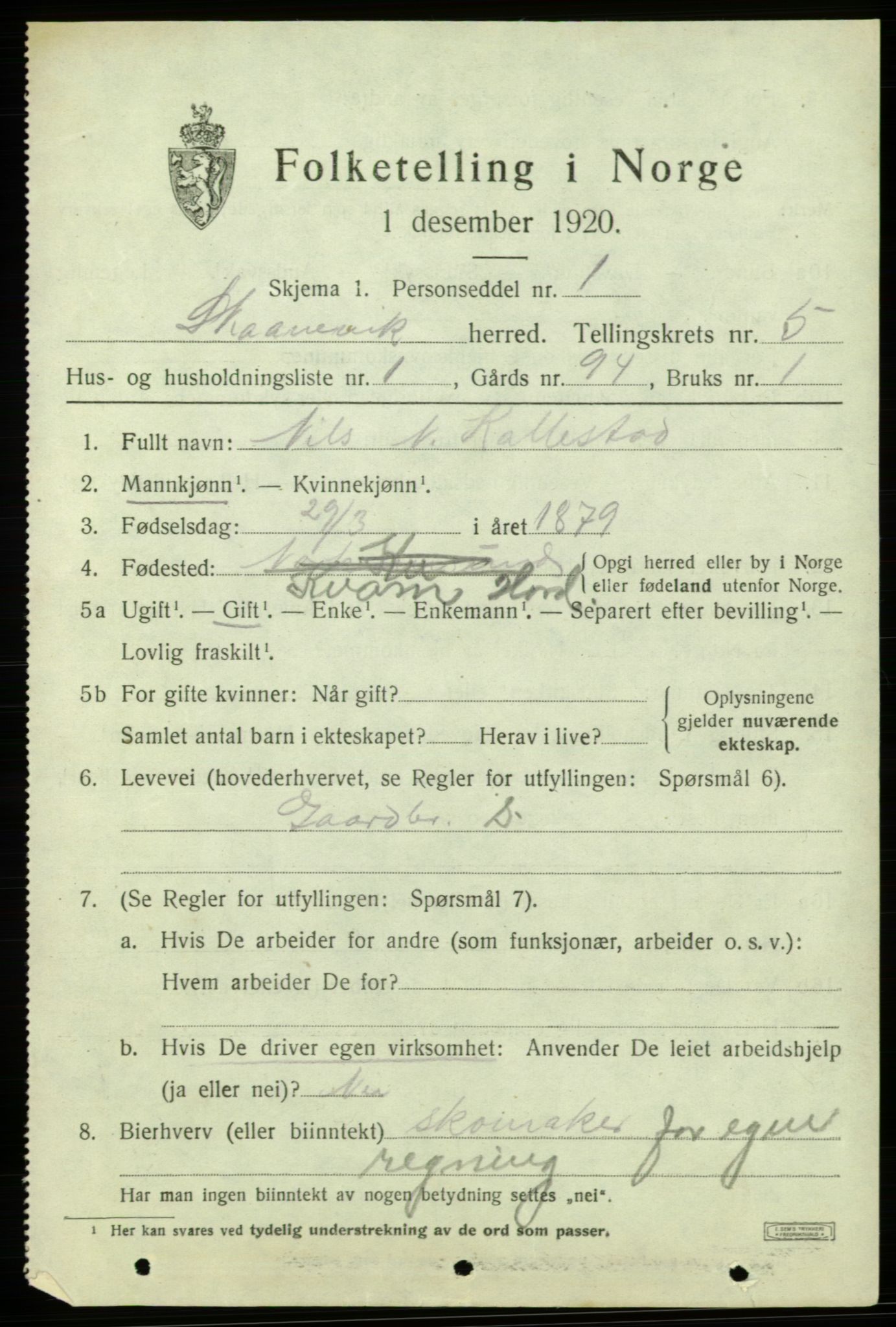 SAB, 1920 census for Skånevik, 1920, p. 3797