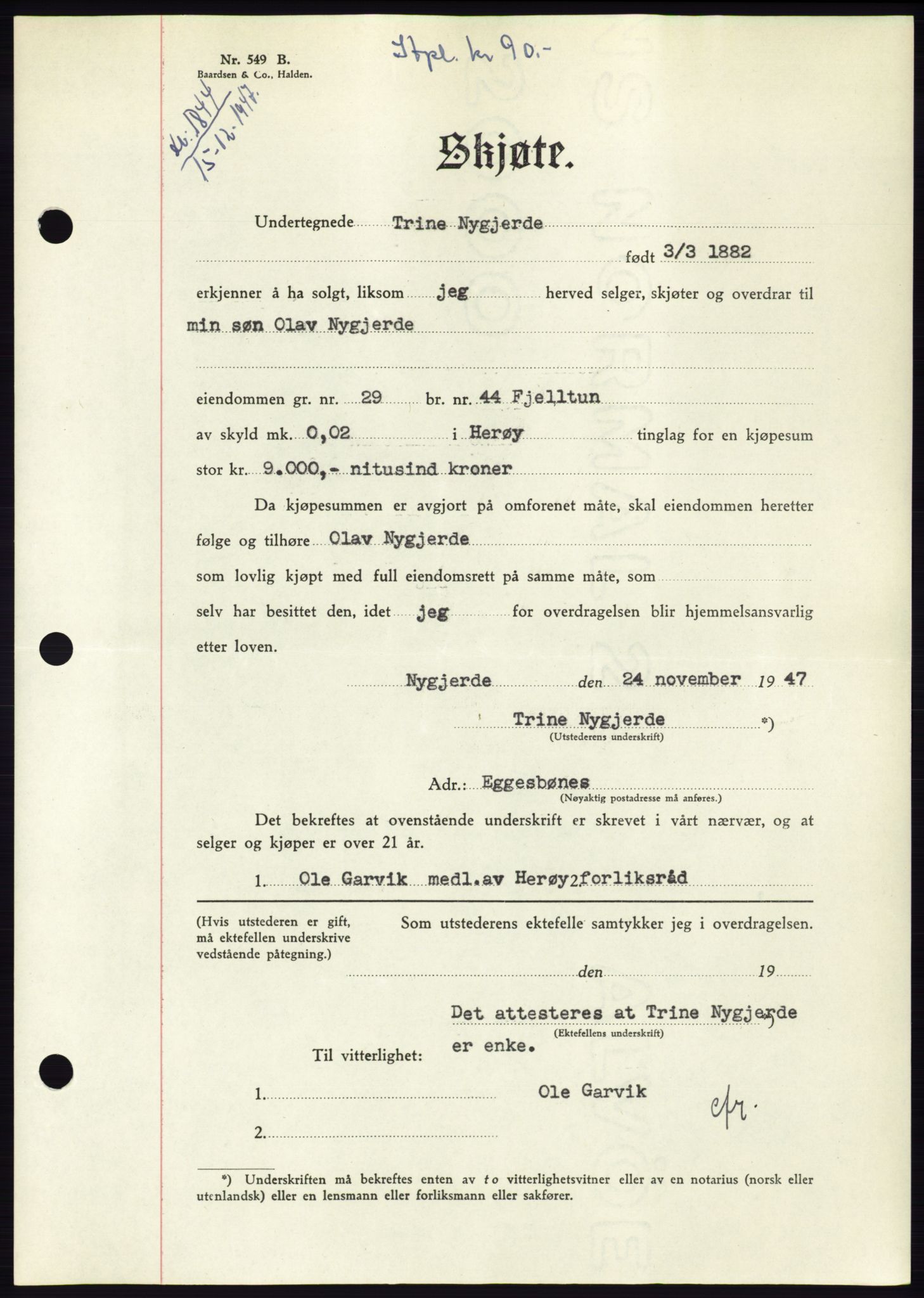 Søre Sunnmøre sorenskriveri, AV/SAT-A-4122/1/2/2C/L0081: Mortgage book no. 7A, 1947-1948, Diary no: : 1844/1947