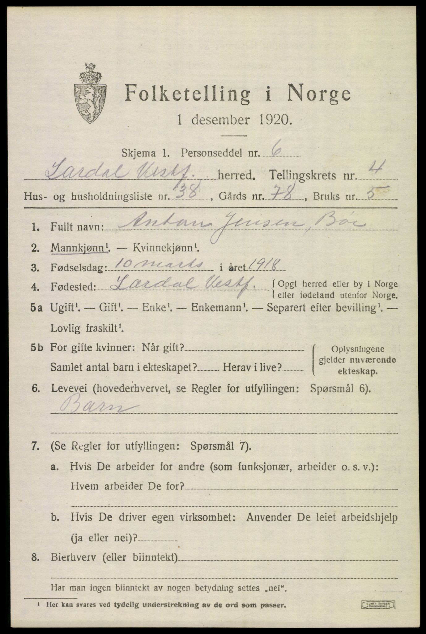 SAKO, 1920 census for Lardal, 1920, p. 3993
