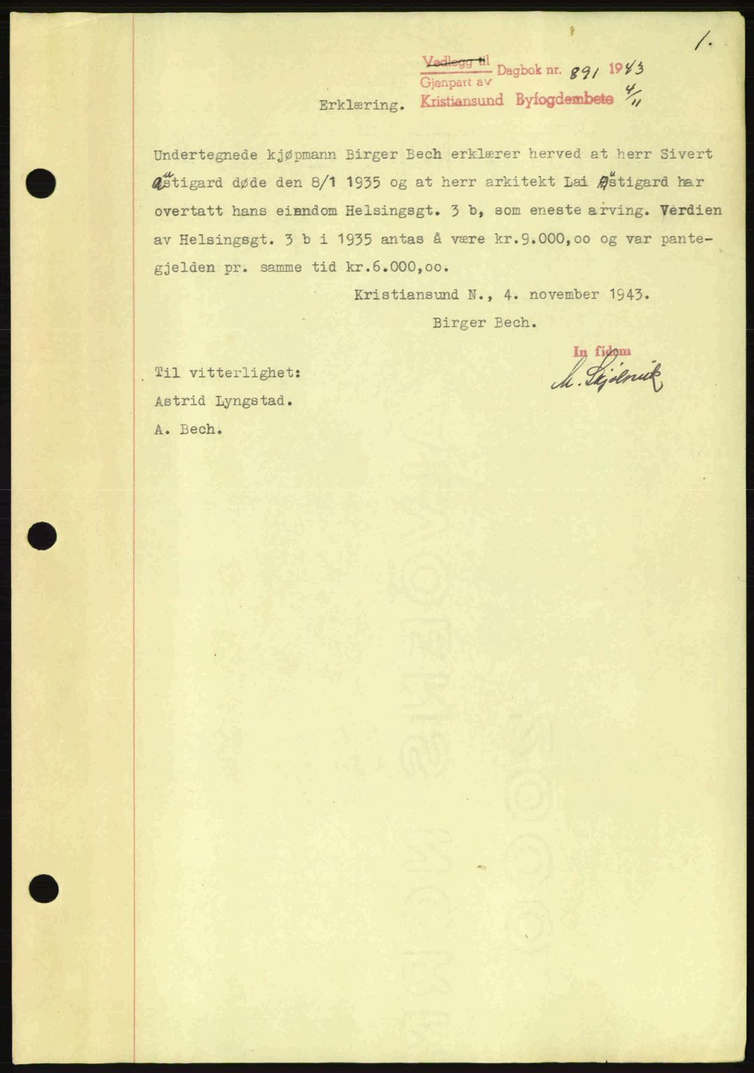 Kristiansund byfogd, AV/SAT-A-4587/A/27: Mortgage book no. 37-38, 1943-1945, Diary no: : 891/1943
