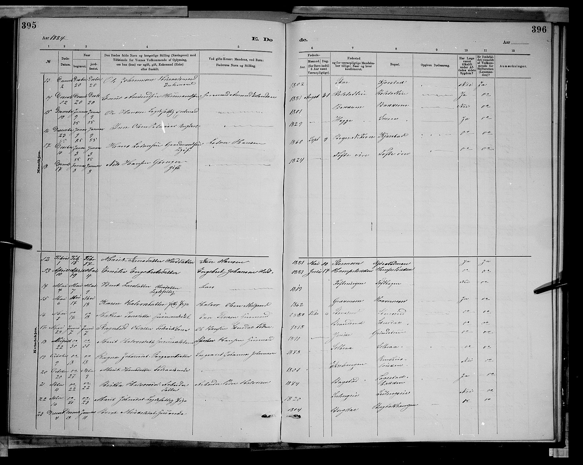 Sør-Fron prestekontor, SAH/PREST-010/H/Ha/Hab/L0003: Parish register (copy) no. 3, 1884-1896, p. 395-396