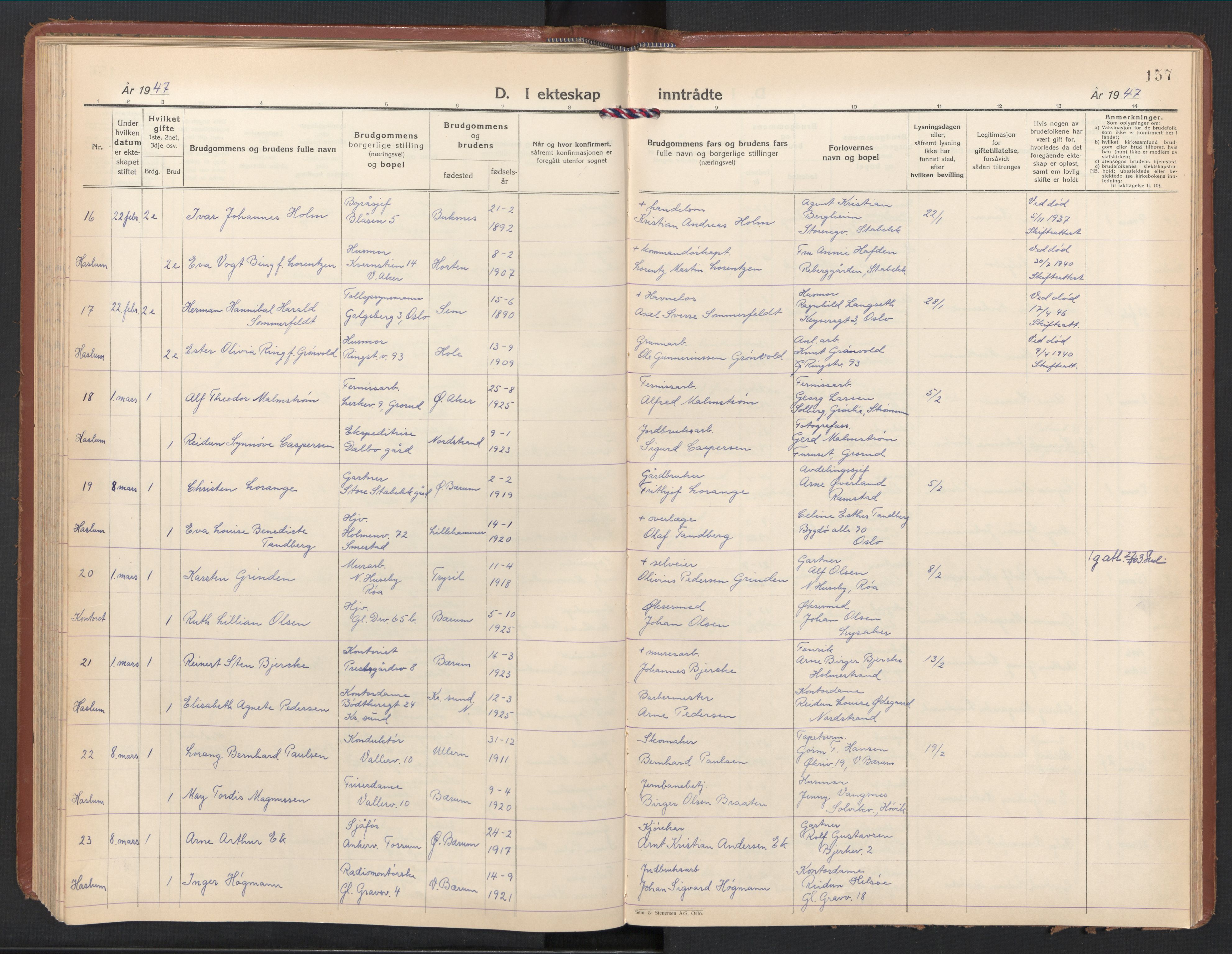 Østre Bærum prestekontor Kirkebøker, SAO/A-10887/F/Fa/L0008: Parish register (official) no. 8, 1940-1948, p. 157