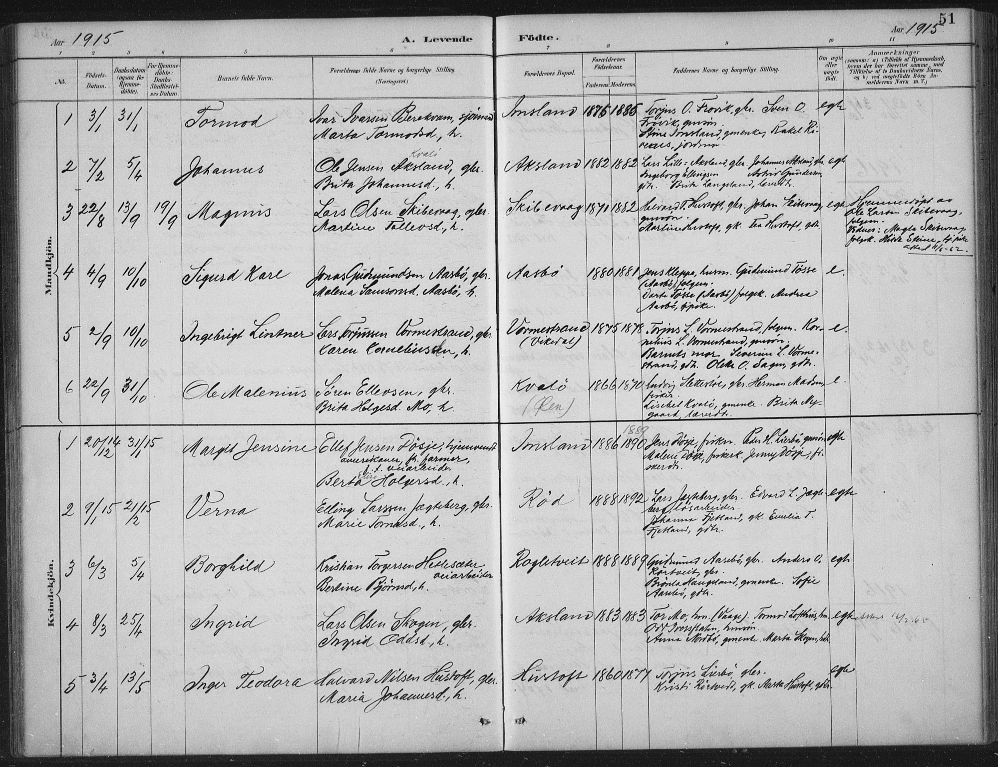 Vikedal sokneprestkontor, AV/SAST-A-101840/01/IV: Parish register (official) no. A 12, 1886-1929, p. 51