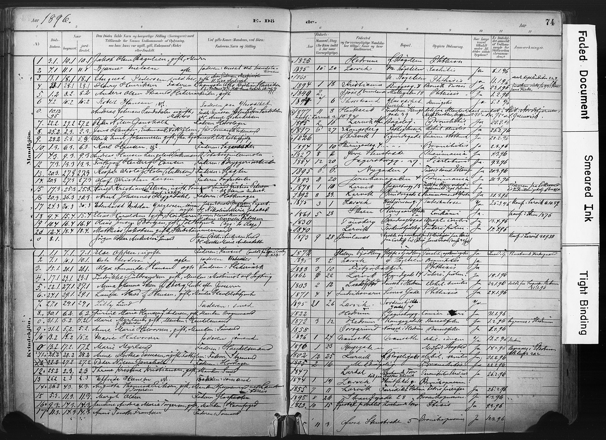 Larvik kirkebøker, AV/SAKO-A-352/F/Fa/L0010: Parish register (official) no. I 10, 1884-1910, p. 74