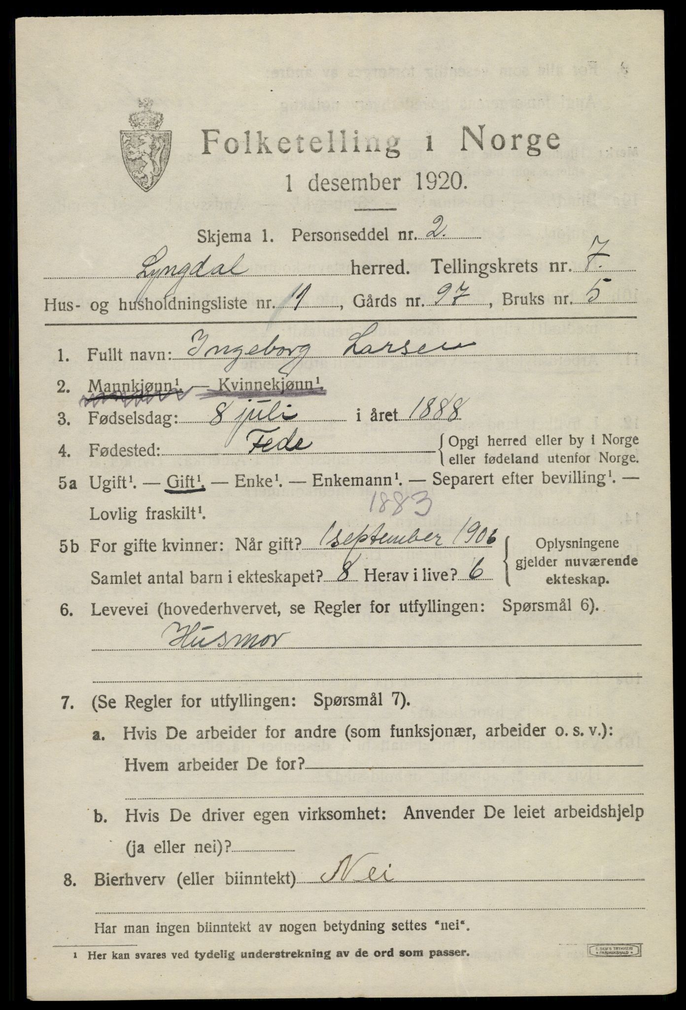 SAK, 1920 census for Lyngdal, 1920, p. 3911