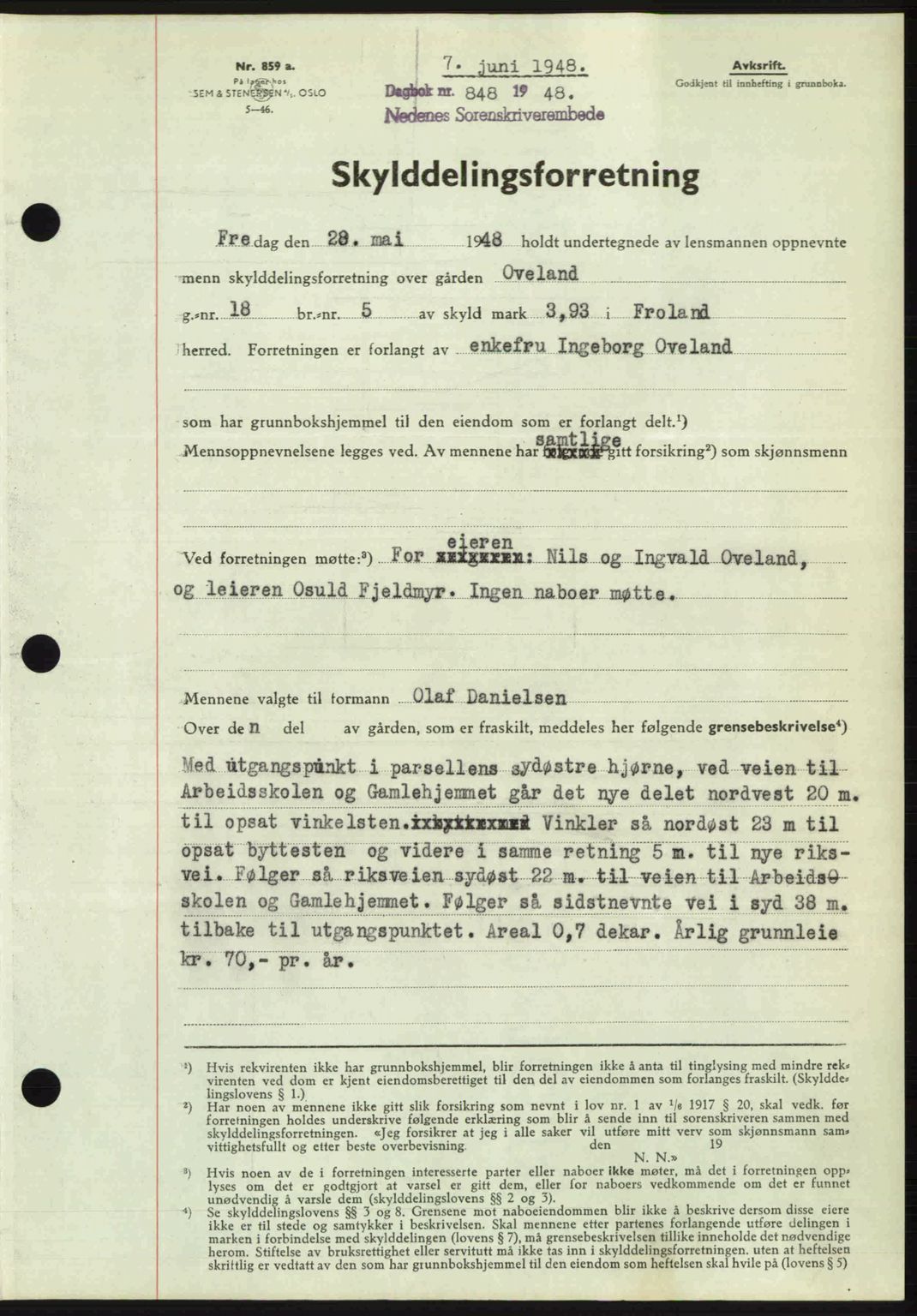 Nedenes sorenskriveri, SAK/1221-0006/G/Gb/Gba/L0059: Mortgage book no. A11, 1948-1948, Diary no: : 848/1948