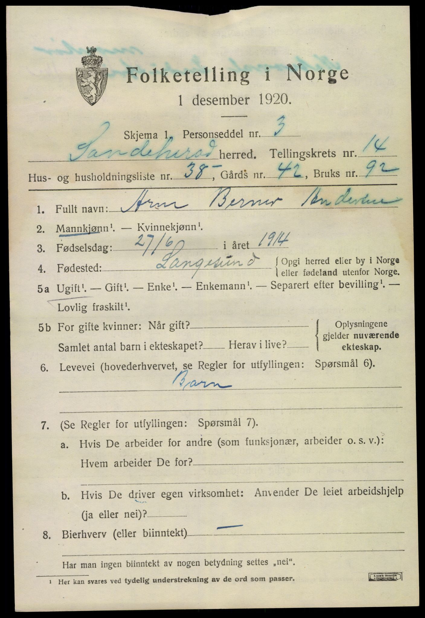 SAKO, 1920 census for Sandeherred, 1920, p. 20702