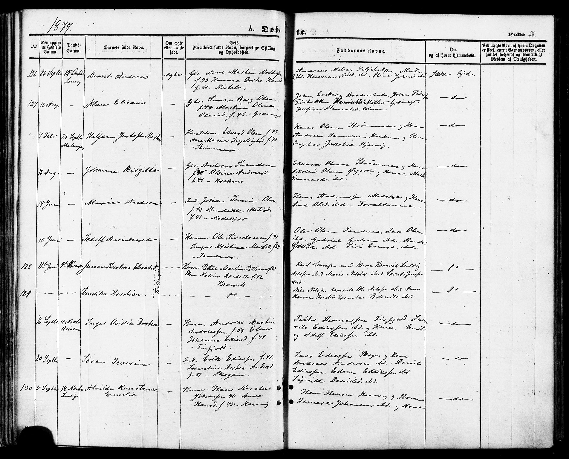 Lenvik sokneprestembete, SATØ/S-1310/H/Ha/Haa/L0010kirke: Parish register (official) no. 10, 1873-1880, p. 56