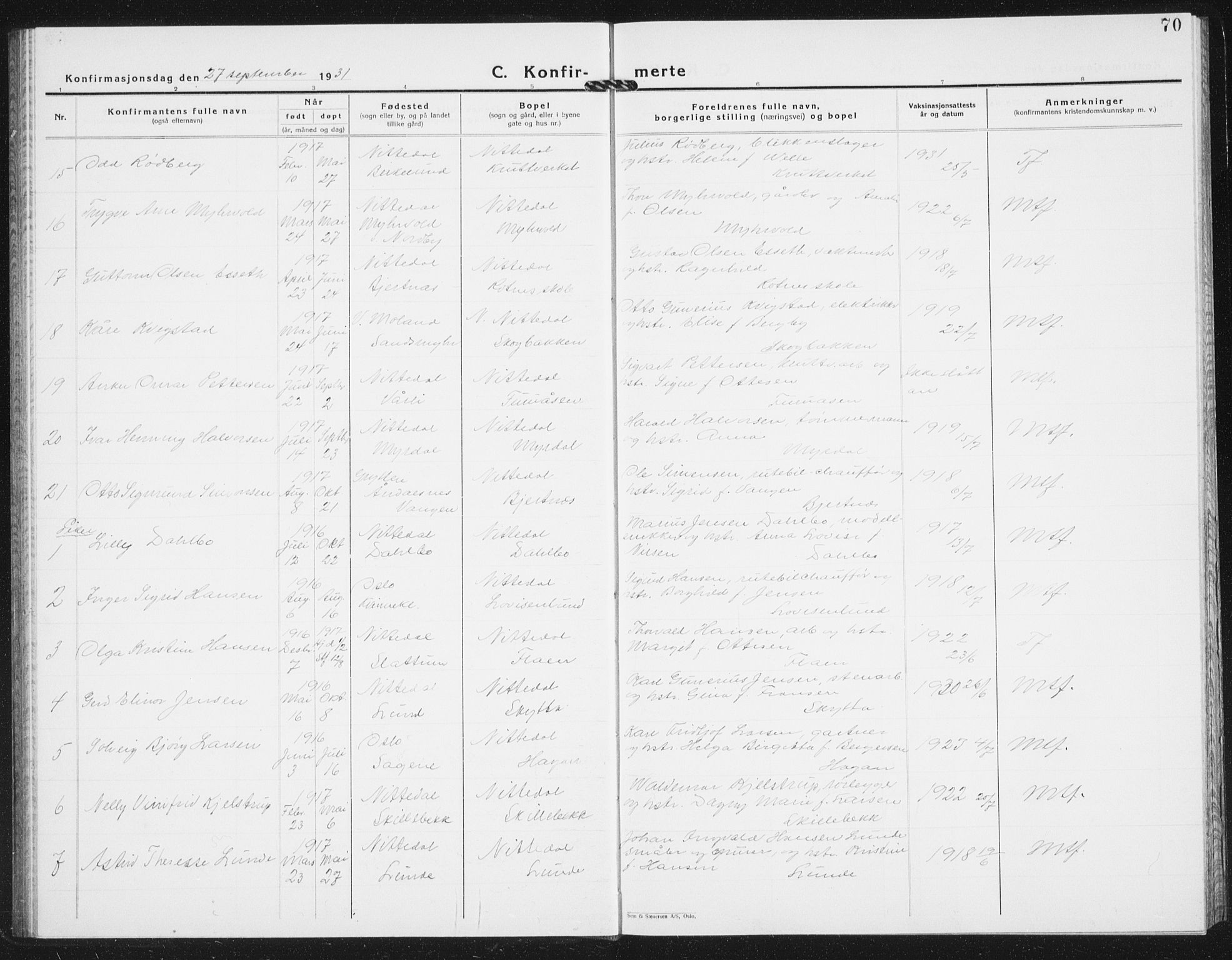 Nittedal prestekontor Kirkebøker, AV/SAO-A-10365a/G/Ga/L0004: Parish register (copy) no. I 4, 1930-1943, p. 70