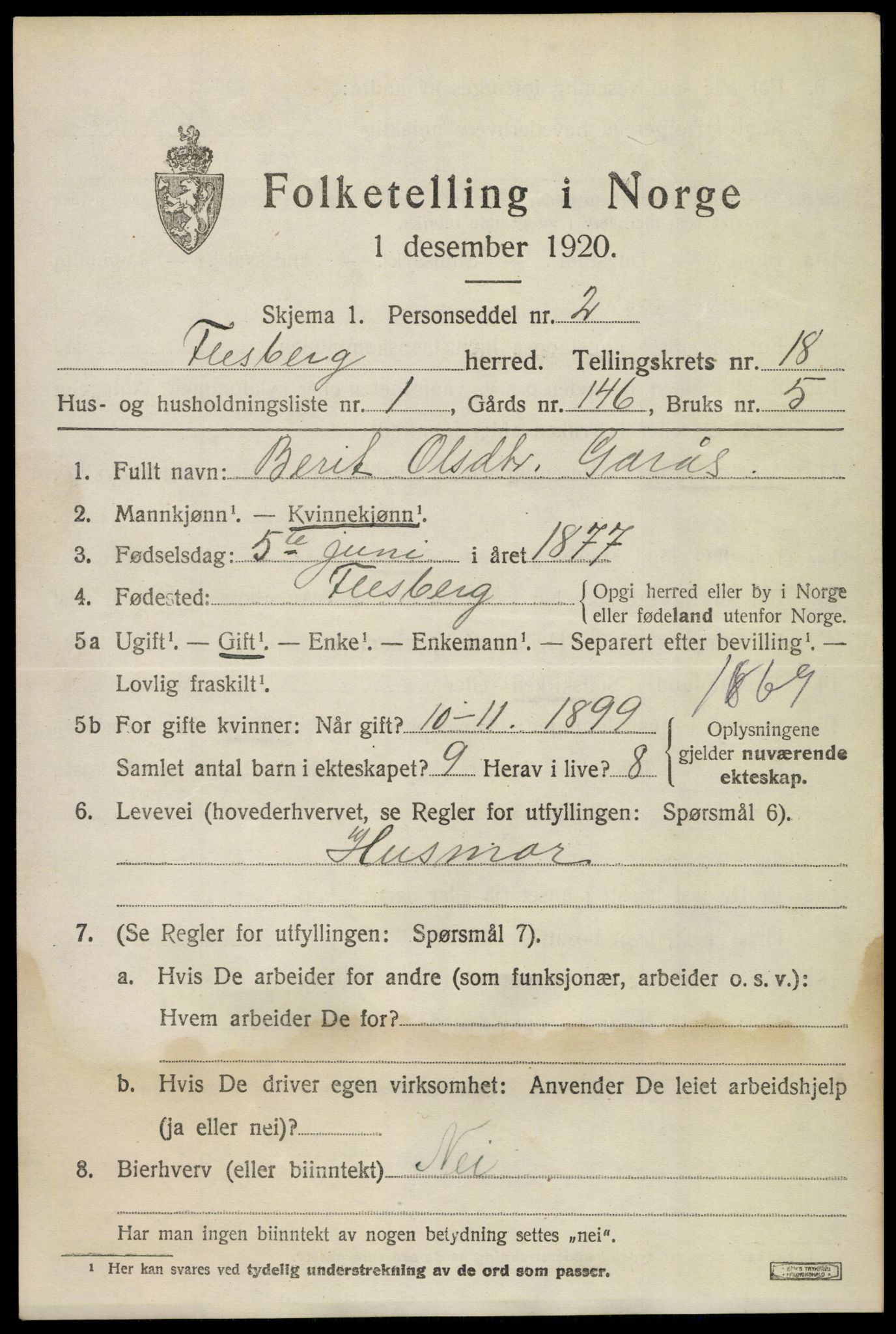 SAKO, 1920 census for Flesberg, 1920, p. 5405