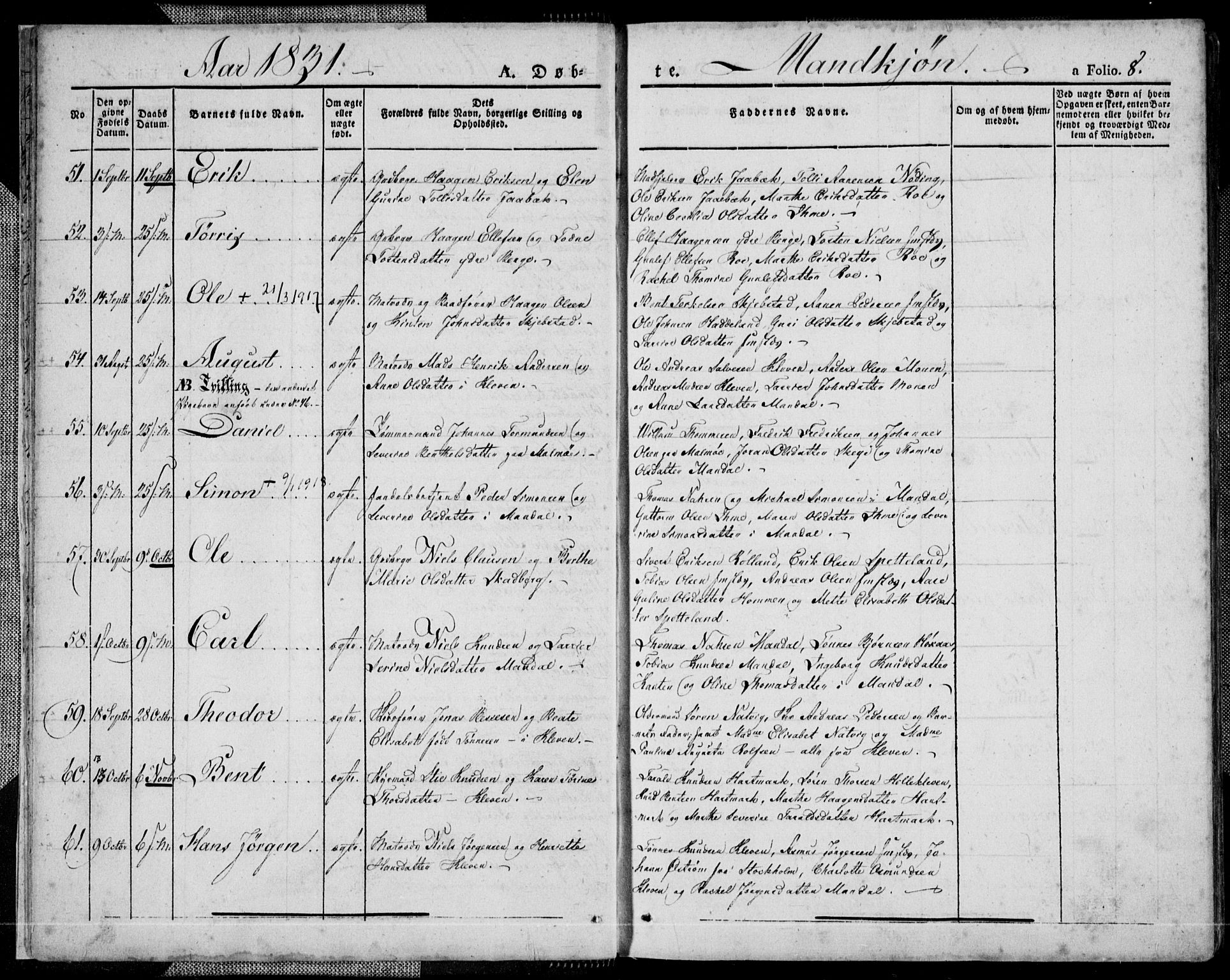 Mandal sokneprestkontor, SAK/1111-0030/F/Fa/Faa/L0011: Parish register (official) no. A 11, 1830-1839, p. 8