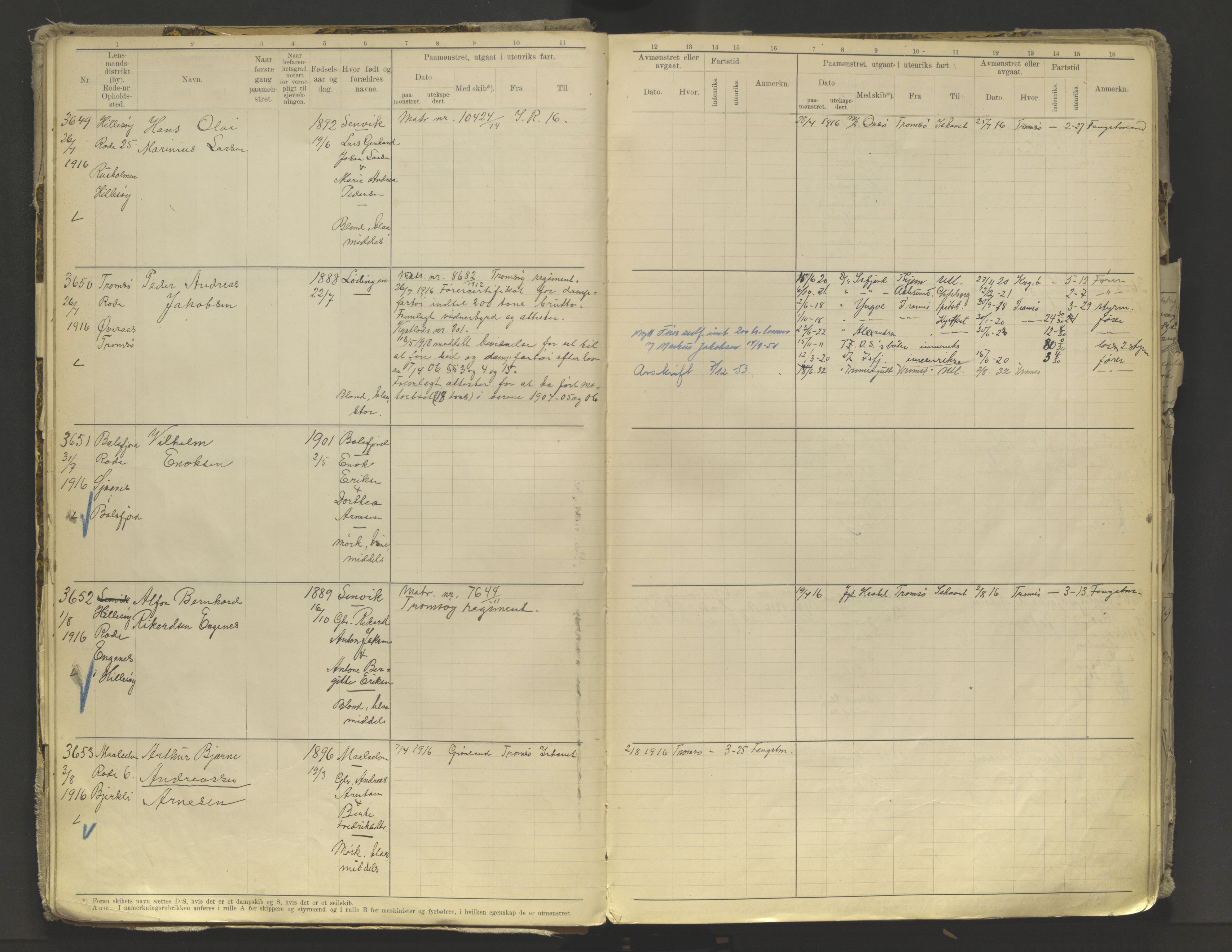 Tromsø sjømannskontor/innrullerings-/mønstringsdistrikt, AV/SATØ-S-0243/F/Fb/L0010: Annotasjonsrulle. Defekt: løs innbinding. Nr. 3519-4972, 1916-1920