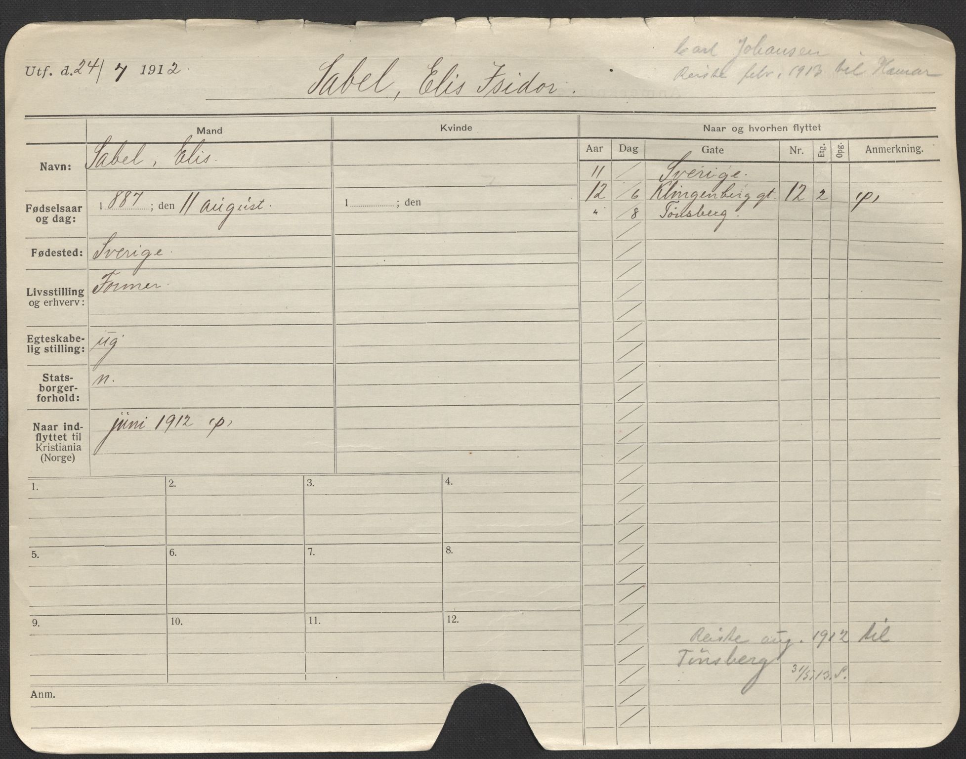 Oslo folkeregister, Registerkort, AV/SAO-A-11715/F/Fa/Fac/L0010: Menn, 1906-1914, p. 5a