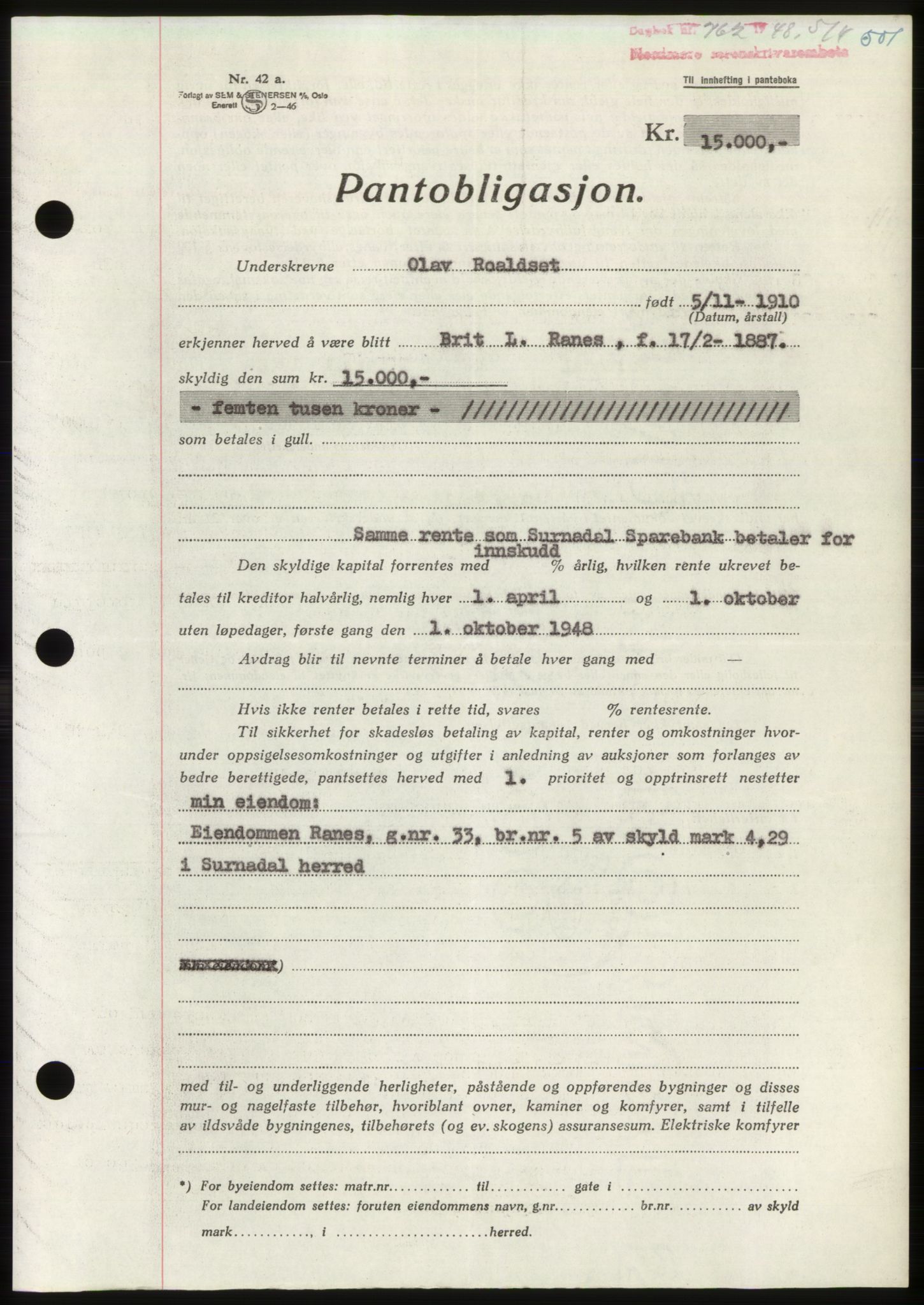 Nordmøre sorenskriveri, AV/SAT-A-4132/1/2/2Ca: Mortgage book no. B98, 1948-1948, Diary no: : 762/1948