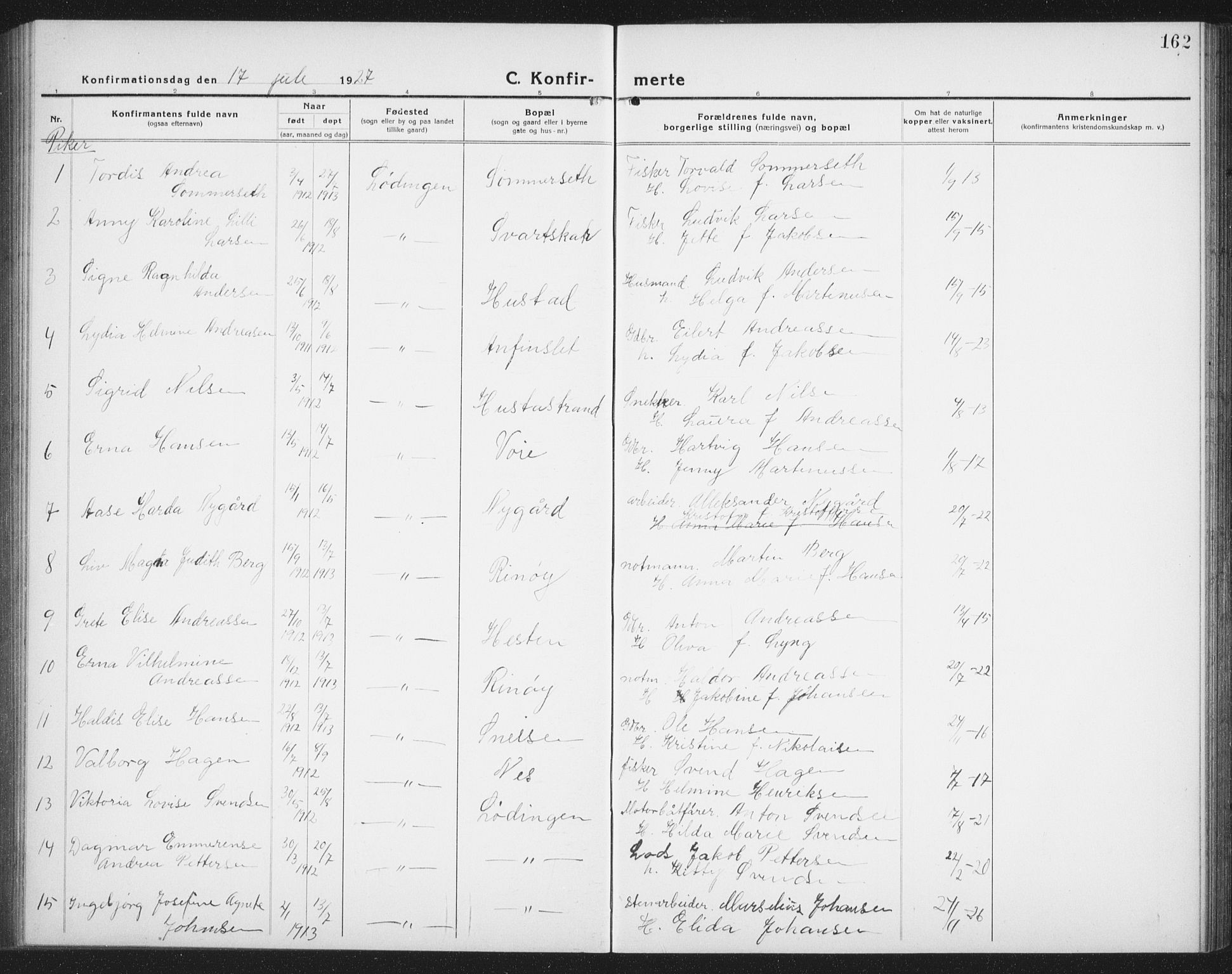 Ministerialprotokoller, klokkerbøker og fødselsregistre - Nordland, AV/SAT-A-1459/872/L1049: Parish register (copy) no. 872C05, 1920-1938, p. 162