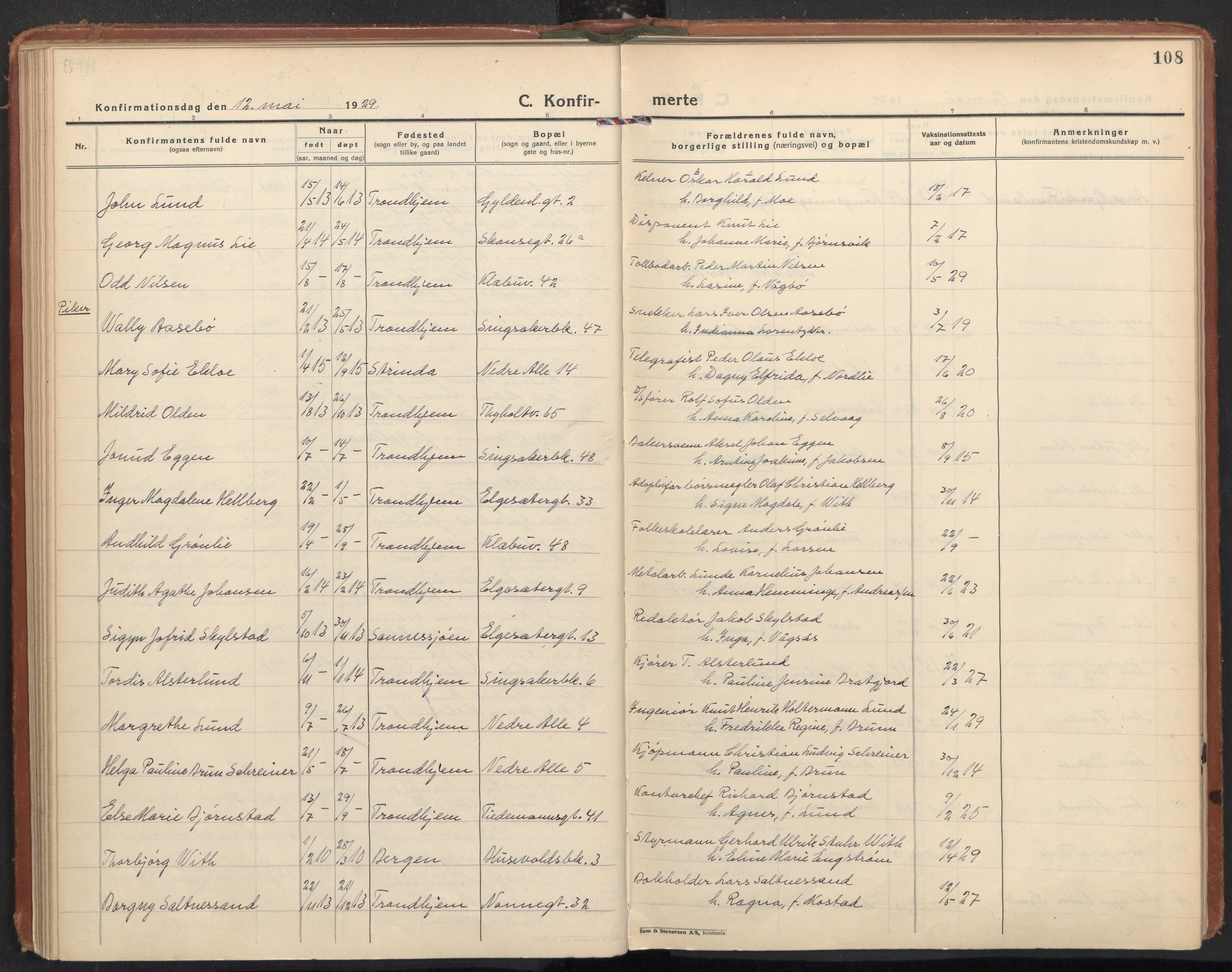 Ministerialprotokoller, klokkerbøker og fødselsregistre - Sør-Trøndelag, SAT/A-1456/604/L0208: Parish register (official) no. 604A28, 1923-1937, p. 108