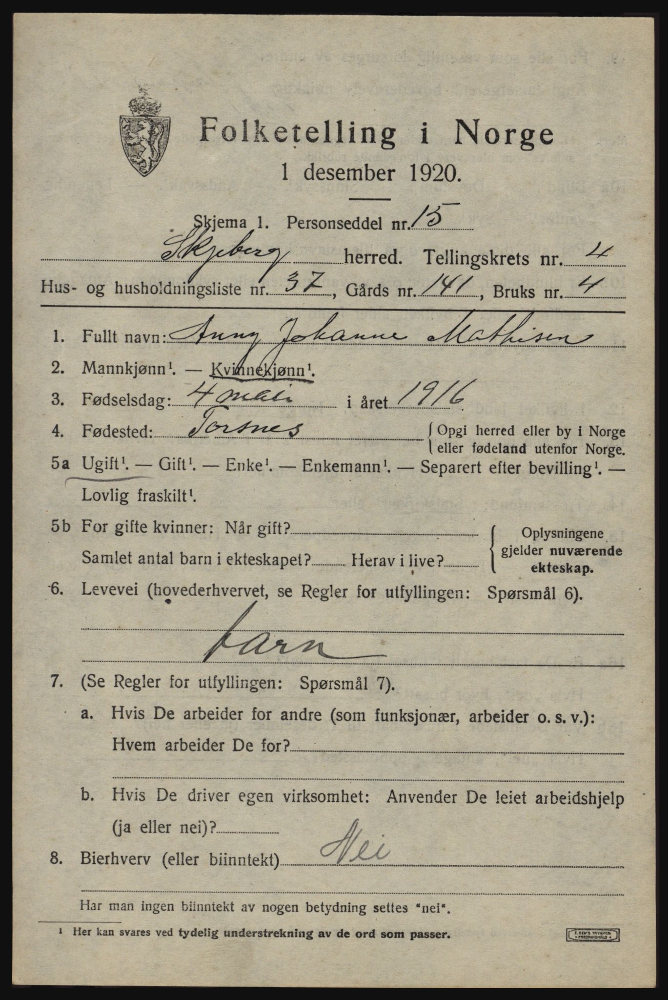 SAO, 1920 census for Skjeberg, 1920, p. 5413