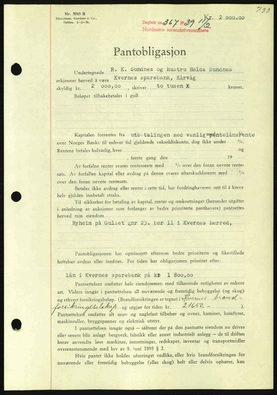 Nordmøre sorenskriveri, SAT/A-4132/1/2/2Ca: Mortgage book no. B84, 1938-1939, Diary no: : 367/1939