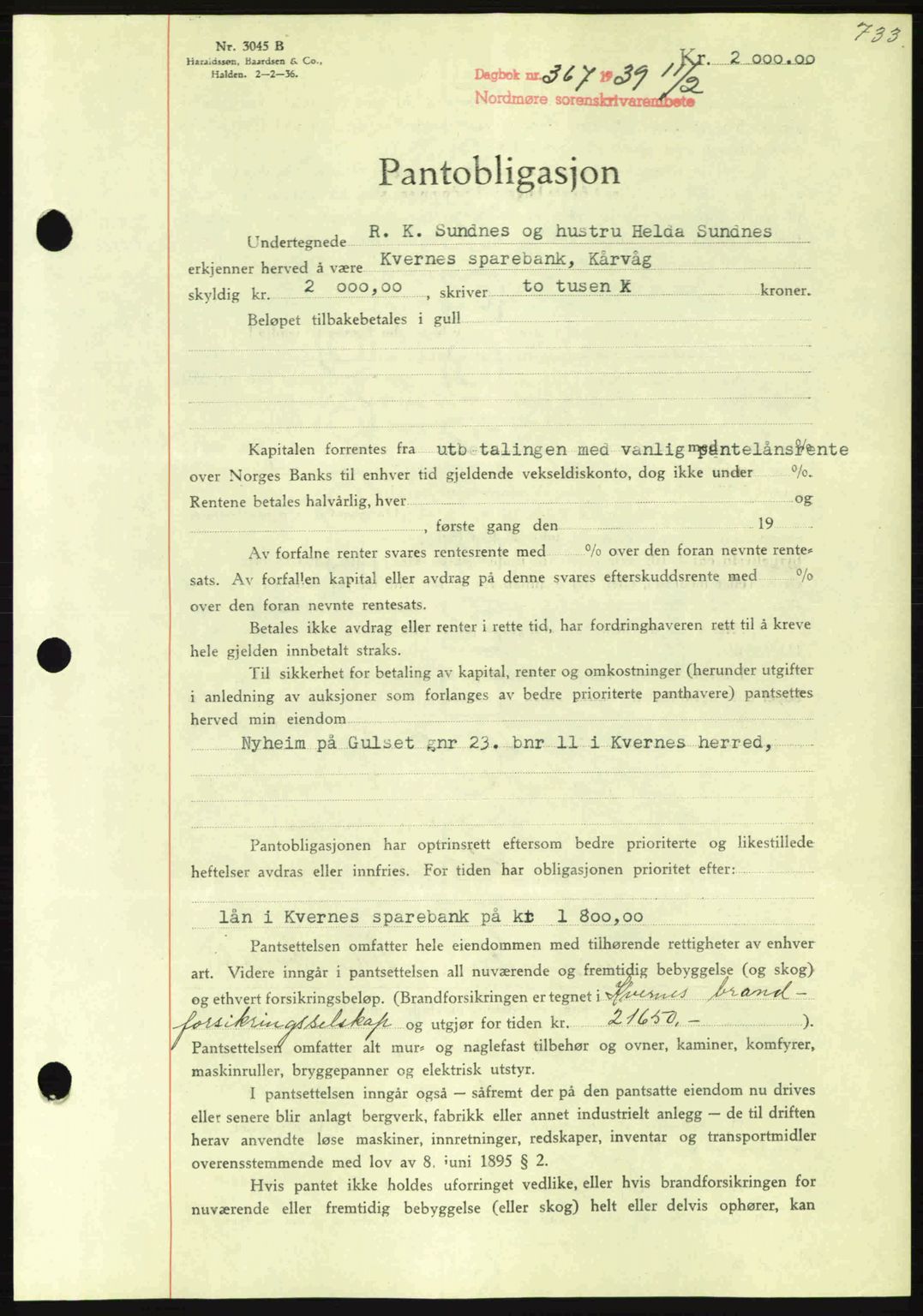 Nordmøre sorenskriveri, AV/SAT-A-4132/1/2/2Ca: Mortgage book no. B84, 1938-1939, Diary no: : 367/1939