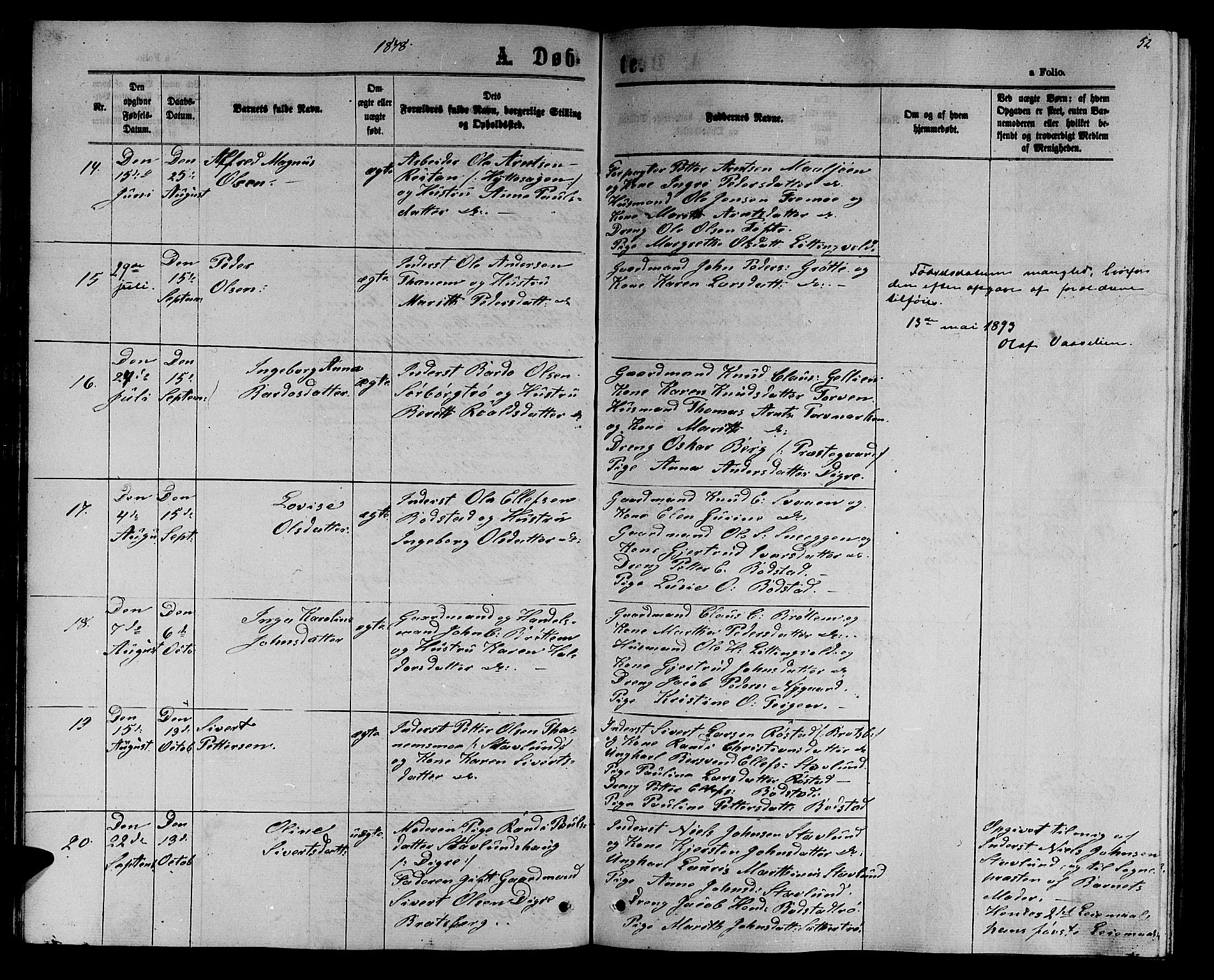 Ministerialprotokoller, klokkerbøker og fødselsregistre - Sør-Trøndelag, SAT/A-1456/618/L0451: Parish register (copy) no. 618C02, 1865-1883, p. 52