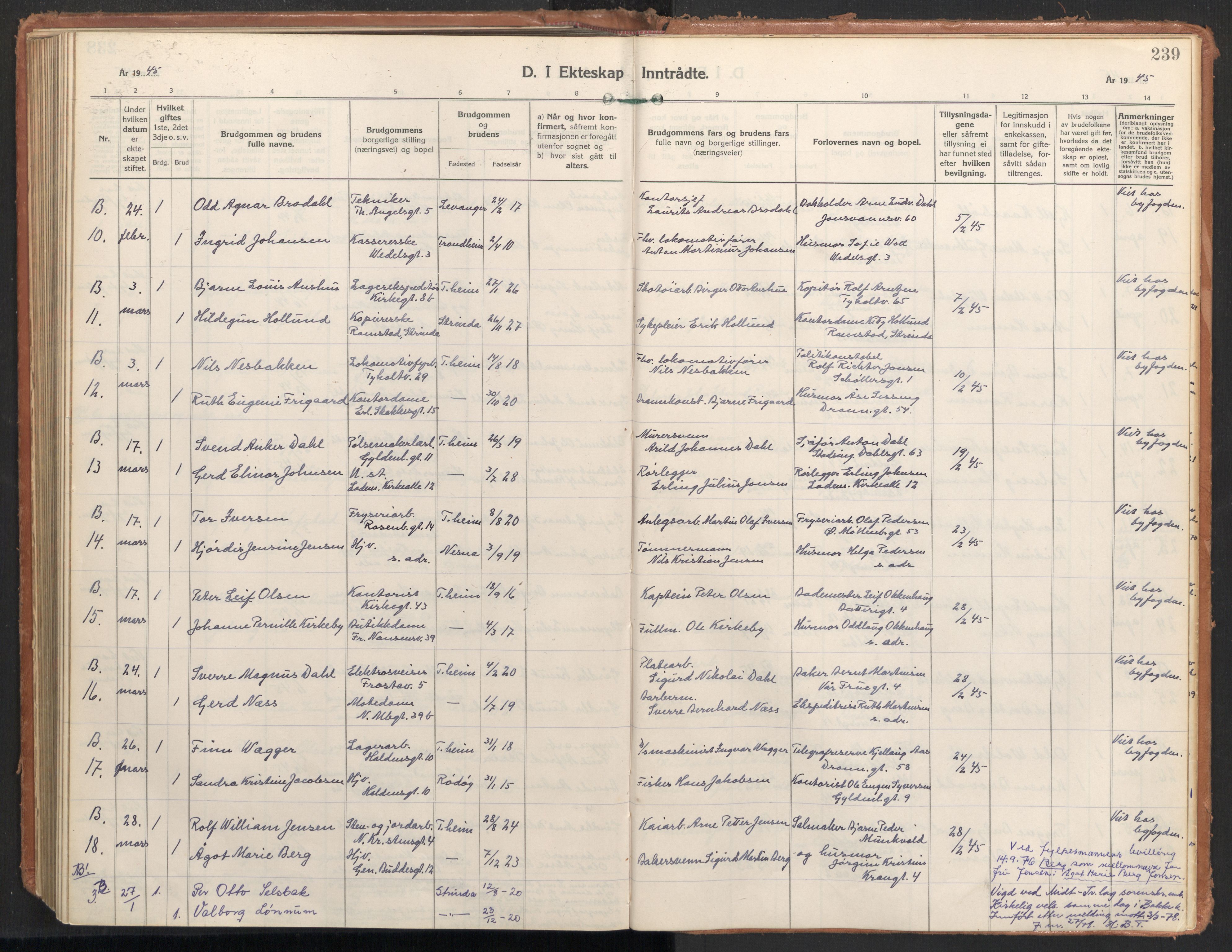 Ministerialprotokoller, klokkerbøker og fødselsregistre - Sør-Trøndelag, SAT/A-1456/604/L0209: Parish register (official) no. 604A29, 1931-1945, p. 239