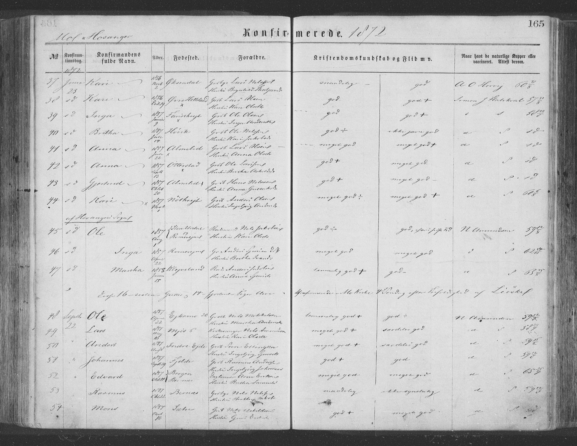 Hosanger sokneprestembete, AV/SAB-A-75801/H/Haa: Parish register (official) no. A 9, 1864-1876, p. 165