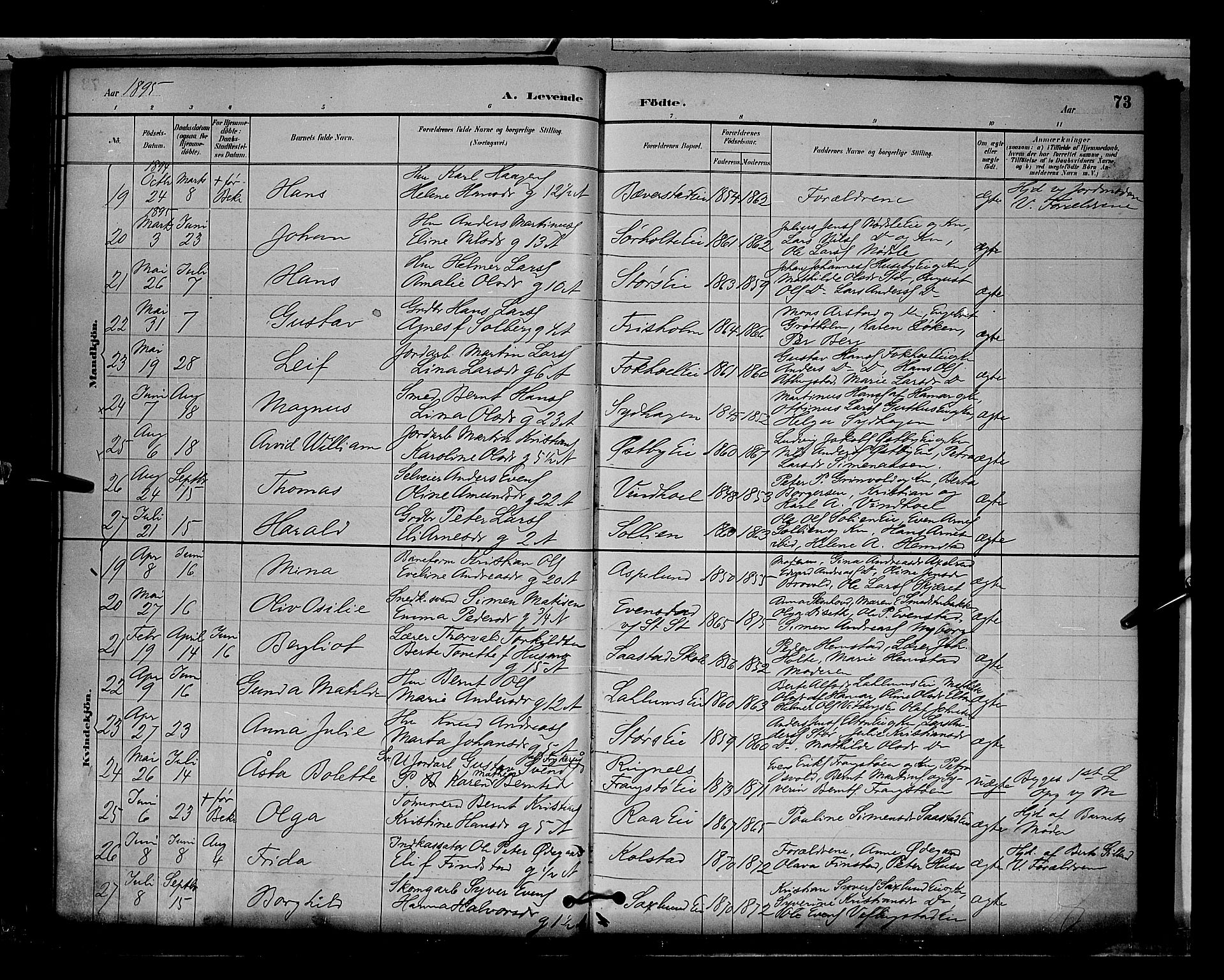 Stange prestekontor, AV/SAH-PREST-002/L/L0009: Parish register (copy) no. 9, 1883-1899, p. 73