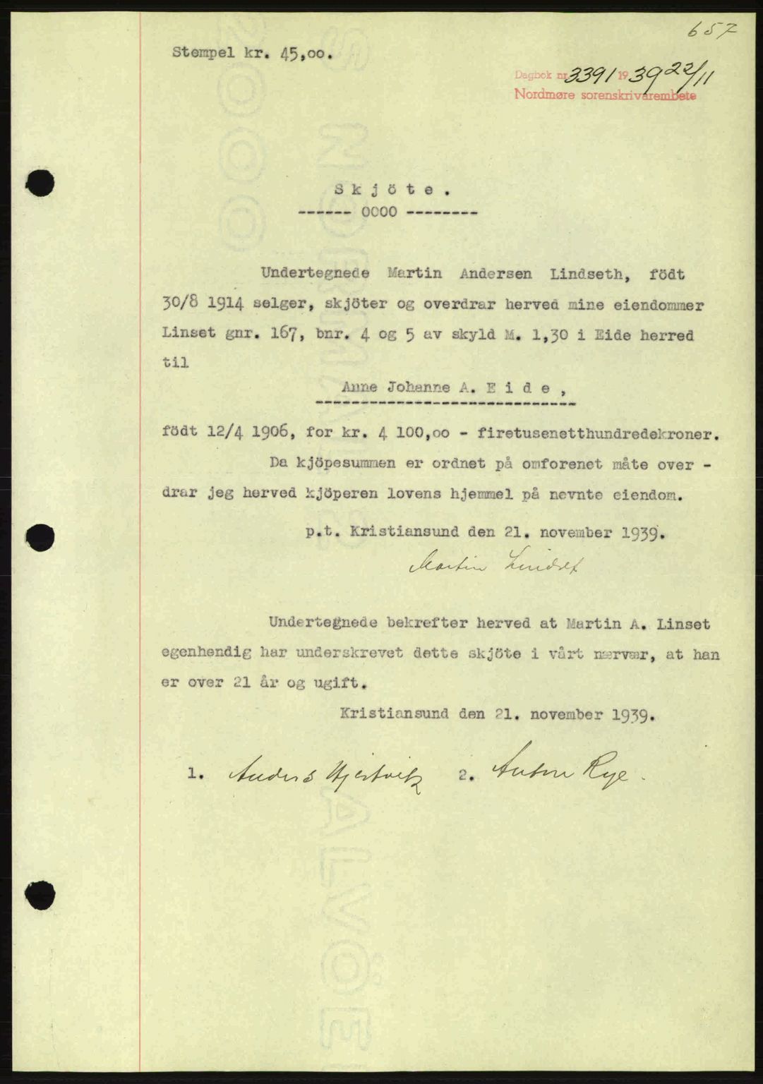 Nordmøre sorenskriveri, AV/SAT-A-4132/1/2/2Ca: Mortgage book no. A87, 1939-1940, Diary no: : 3391/1939