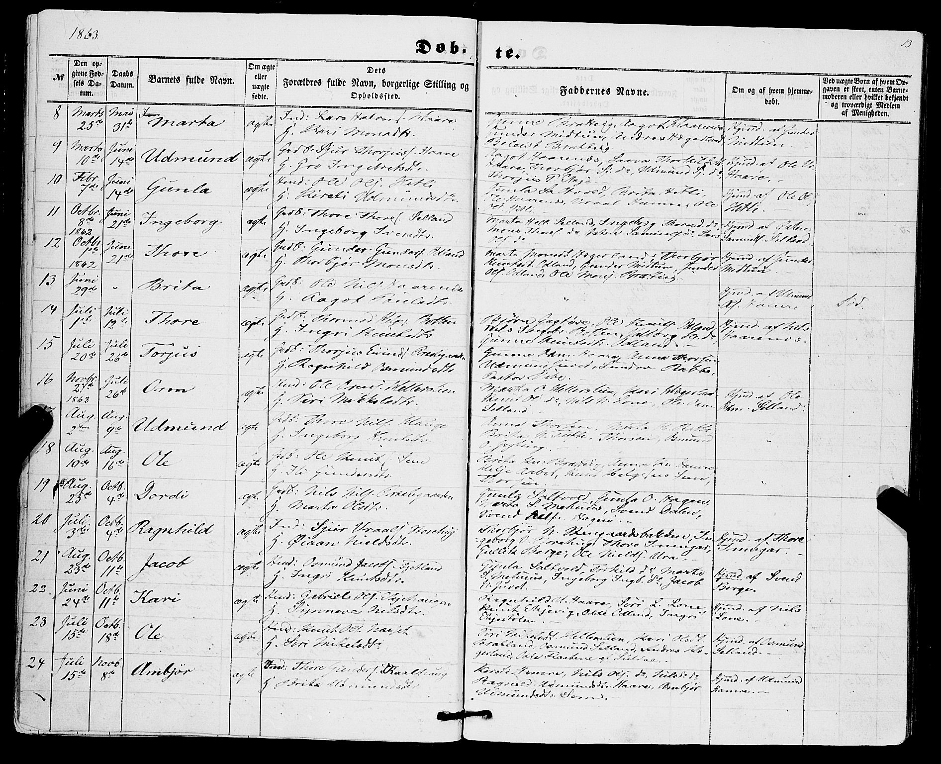 Røldal sokneprestembete, SAB/A-100247: Parish register (official) no. A 3, 1856-1870, p. 13