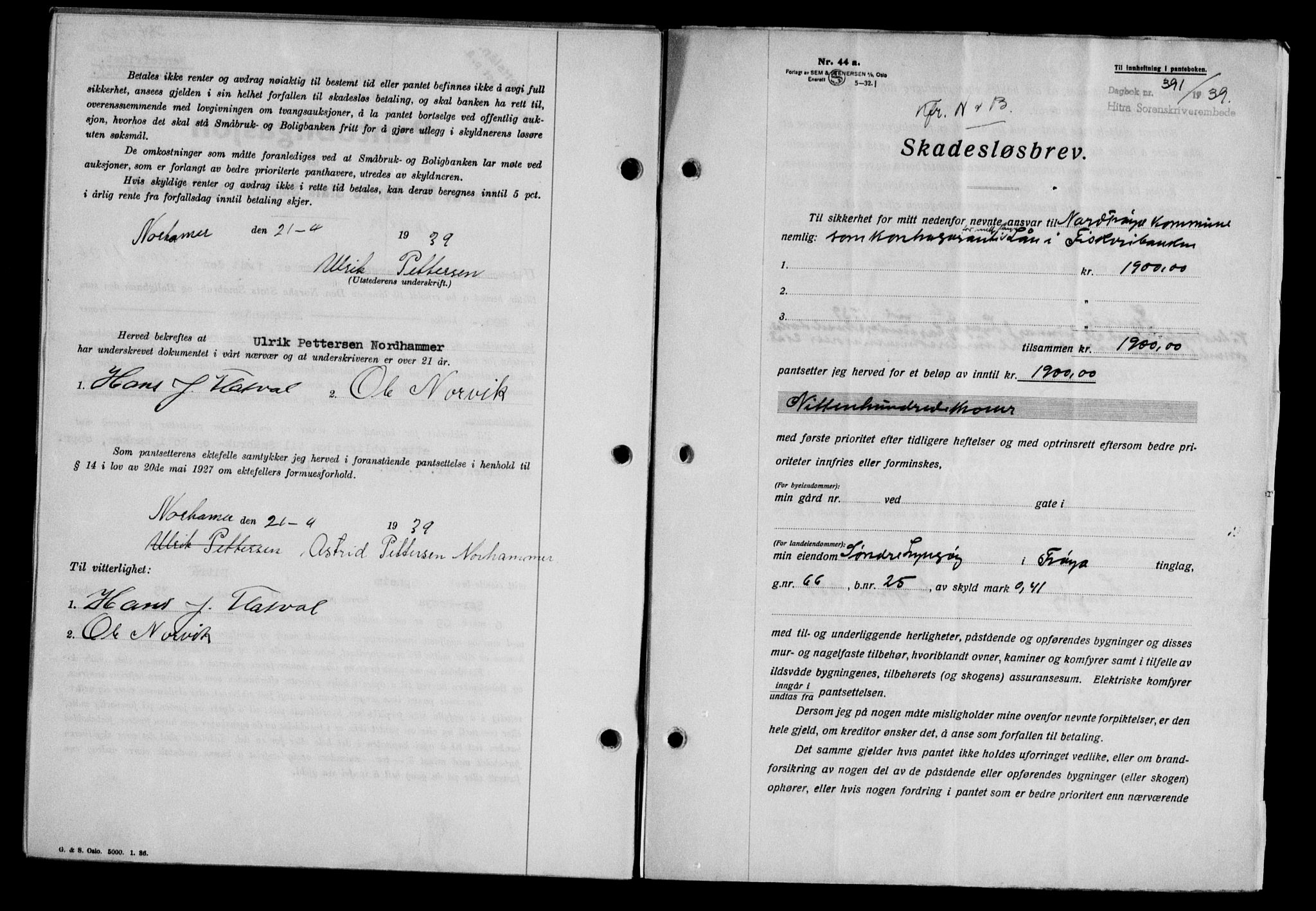 Hitra sorenskriveri, AV/SAT-A-0018/2/2C/2Ca/L0028: Mortgage book no. B-1, 1936-1939, Diary no: : 391/1939