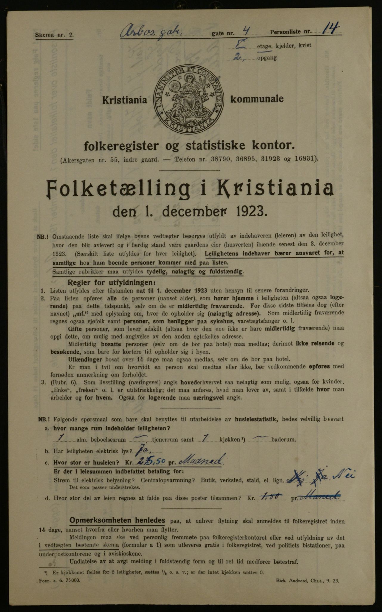 OBA, Municipal Census 1923 for Kristiania, 1923, p. 2198