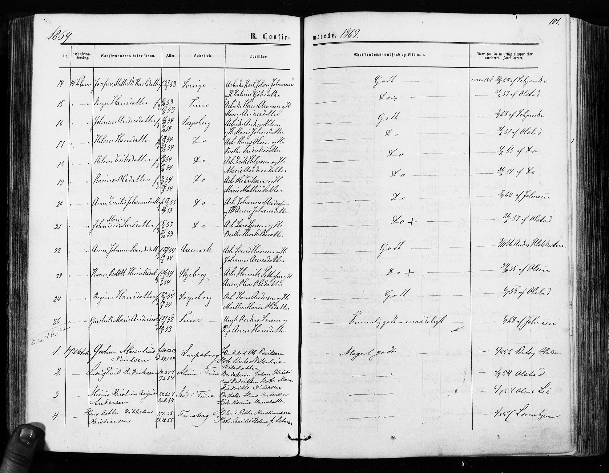 Sarpsborg prestekontor Kirkebøker, AV/SAO-A-2006/F/Fa/L0002: Parish register (official) no. 2, 1869-1877, p. 101