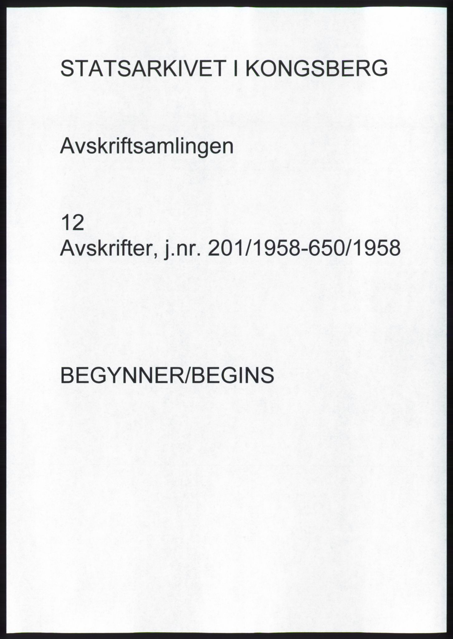 Statsarkivet i Kongsberg, SAKO/A-0001, 1958, p. 1