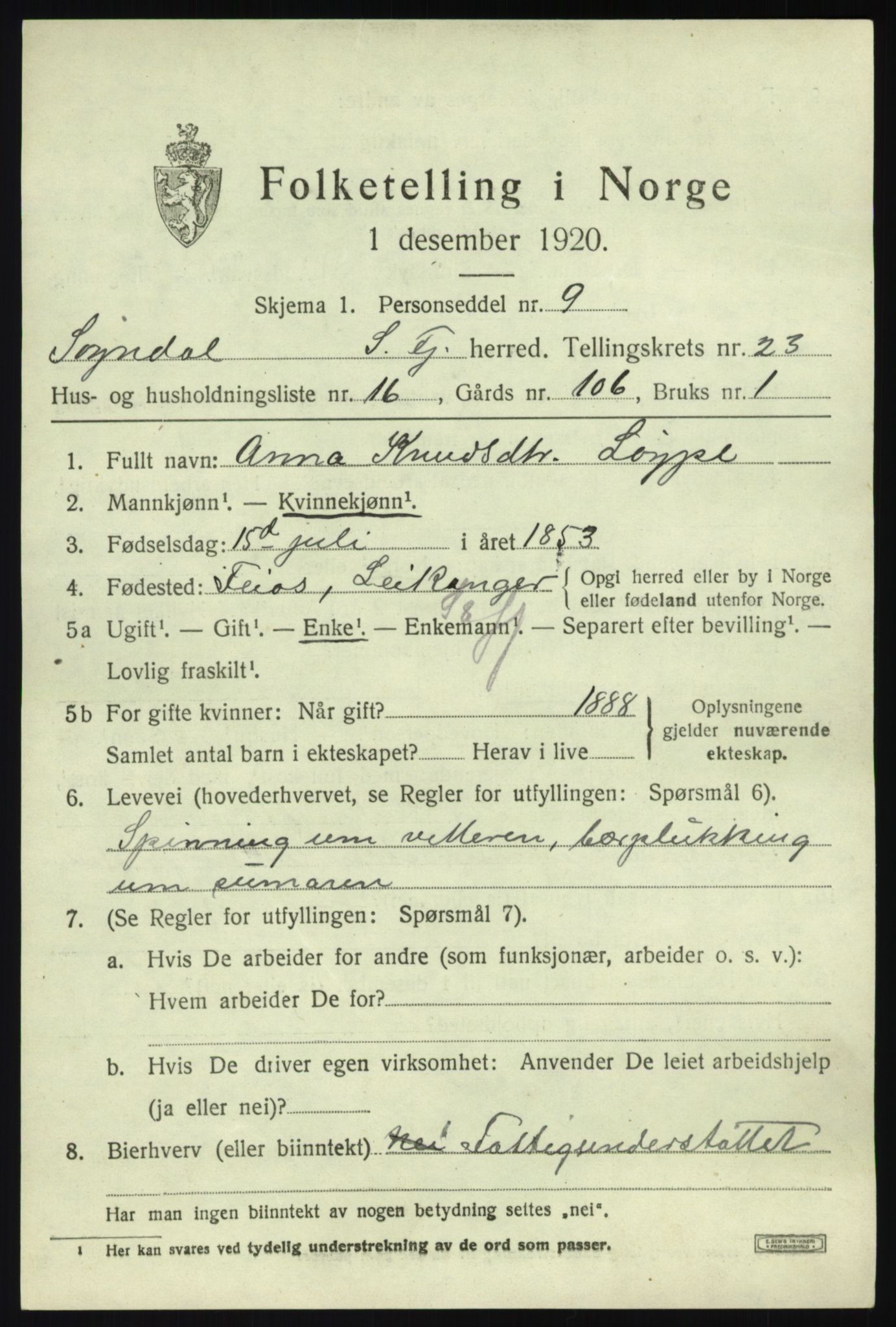 SAB, 1920 census for Sogndal, 1920, p. 8297