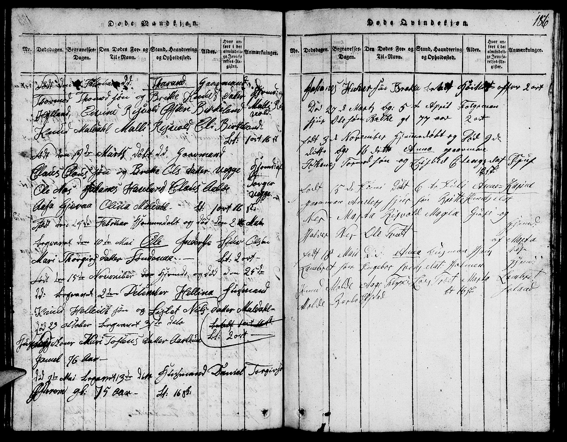 Suldal sokneprestkontor, SAST/A-101845/01/V/L0002: Parish register (copy) no. B 2, 1816-1845, p. 186