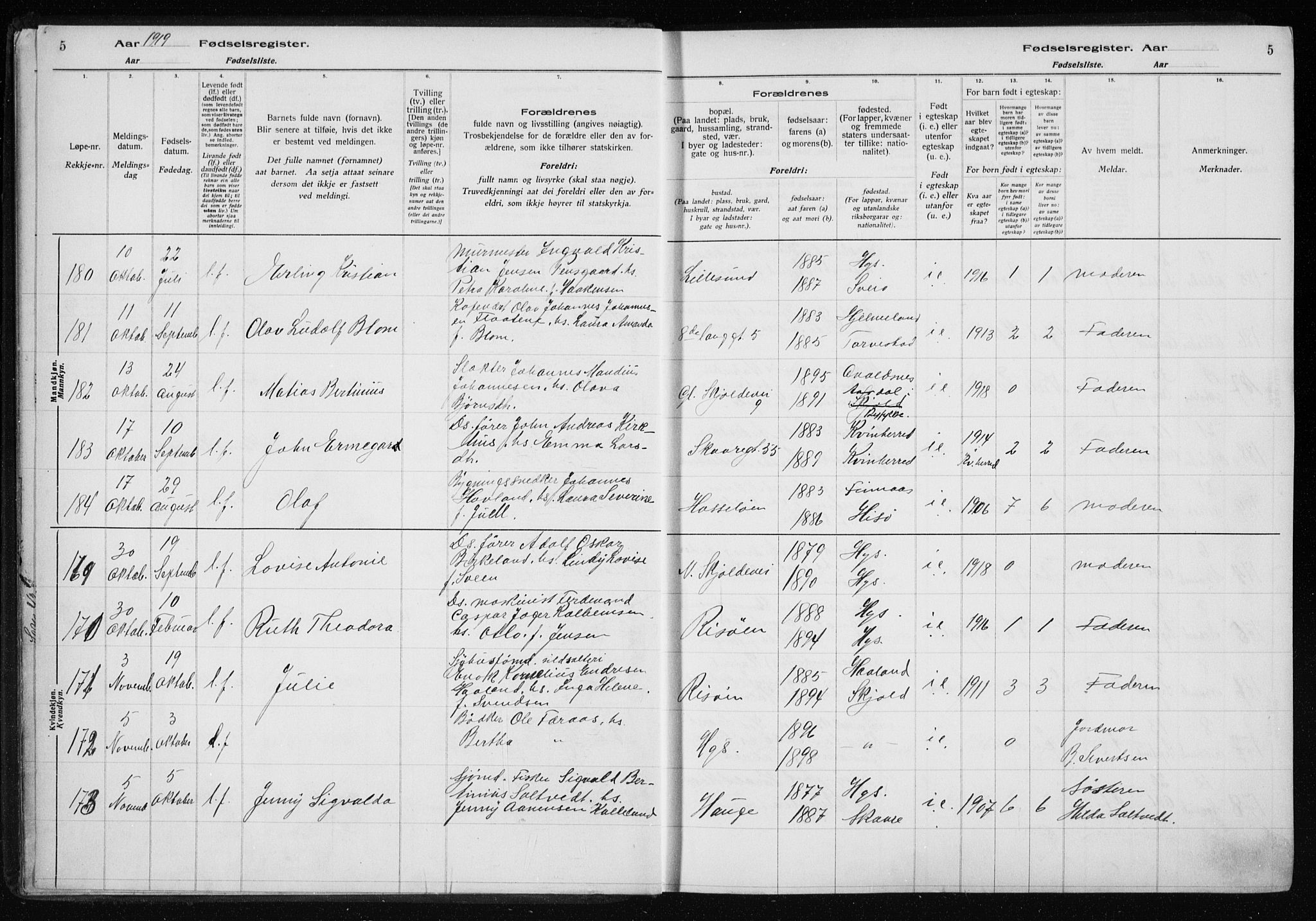 Haugesund sokneprestkontor, AV/SAST-A -101863/I/Id/L0004: Birth register no. 2, 1919-1923, p. 5